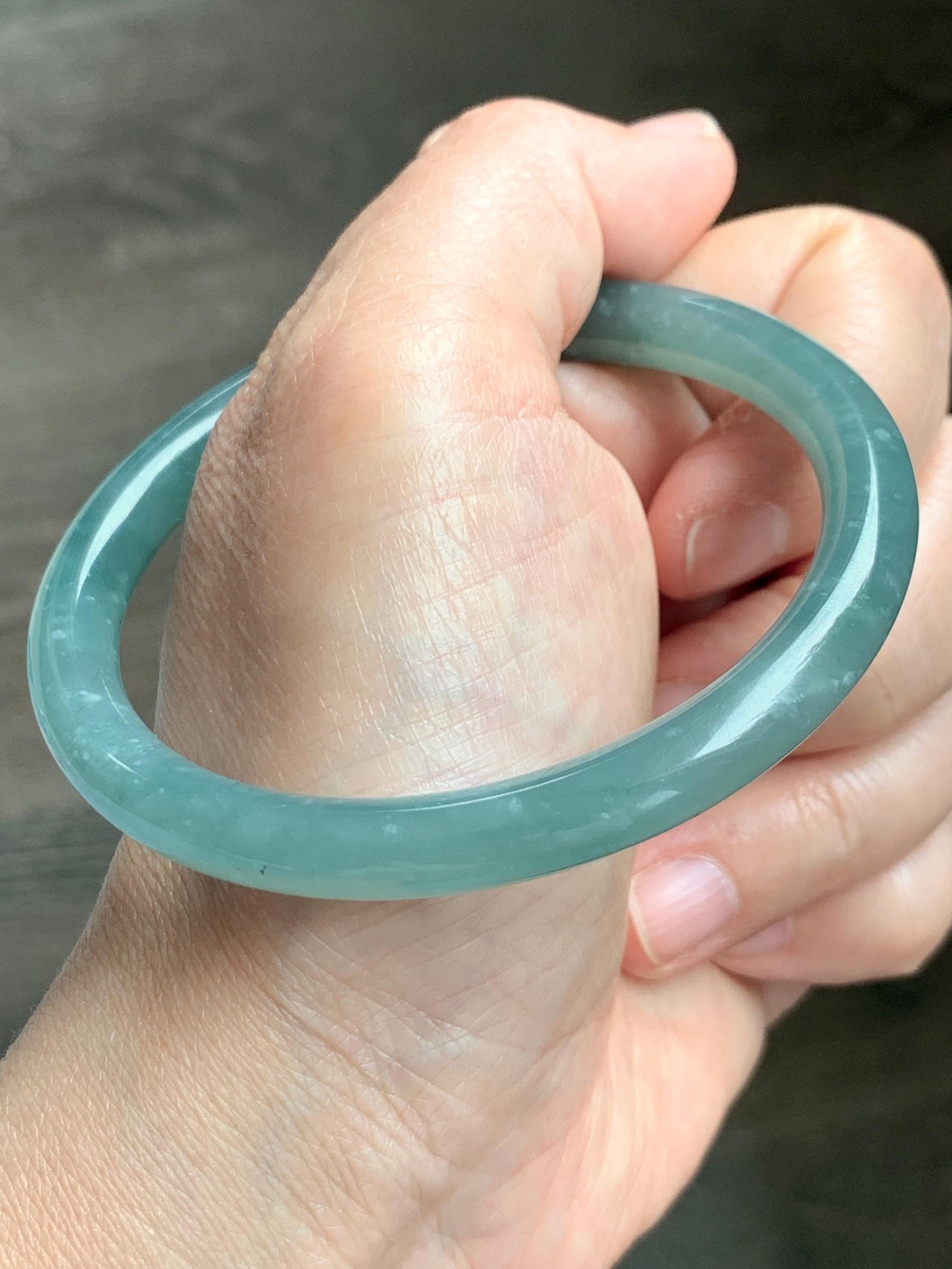 Certified Natural Grade A Guatemalan Icy Translucent Dusty Teal Green Jade Jadeite Bangle Bracelet 59mm 7.32” 31g 天然冰危蓝绿圆条翡翠手镯 210