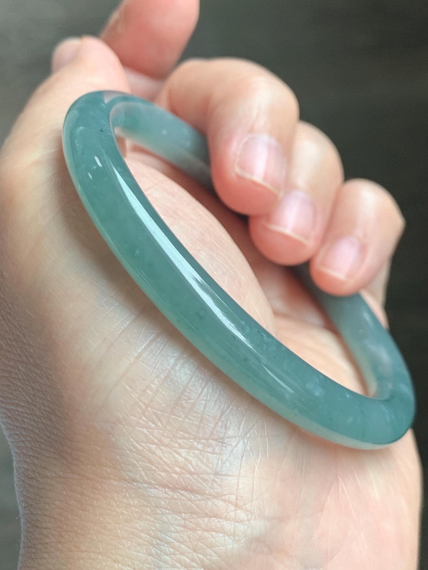 Certified Natural Grade A Guatemalan Icy Translucent Dusty Teal Green Jade Jadeite Bangle Bracelet 59mm 7.32” 31g 天然冰危蓝绿圆条翡翠手镯 210