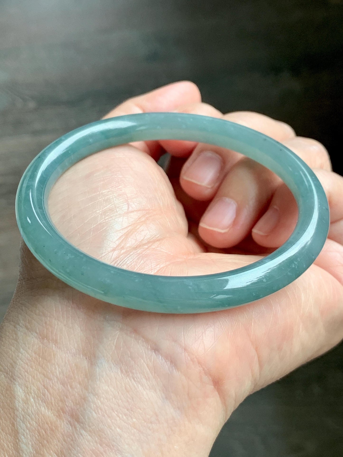 Certified Natural Grade A Guatemalan Icy Translucent Dusty Teal Green Jade Jadeite Bangle Bracelet 59mm 7.32” 31g 天然冰危蓝绿圆条翡翠手镯 210