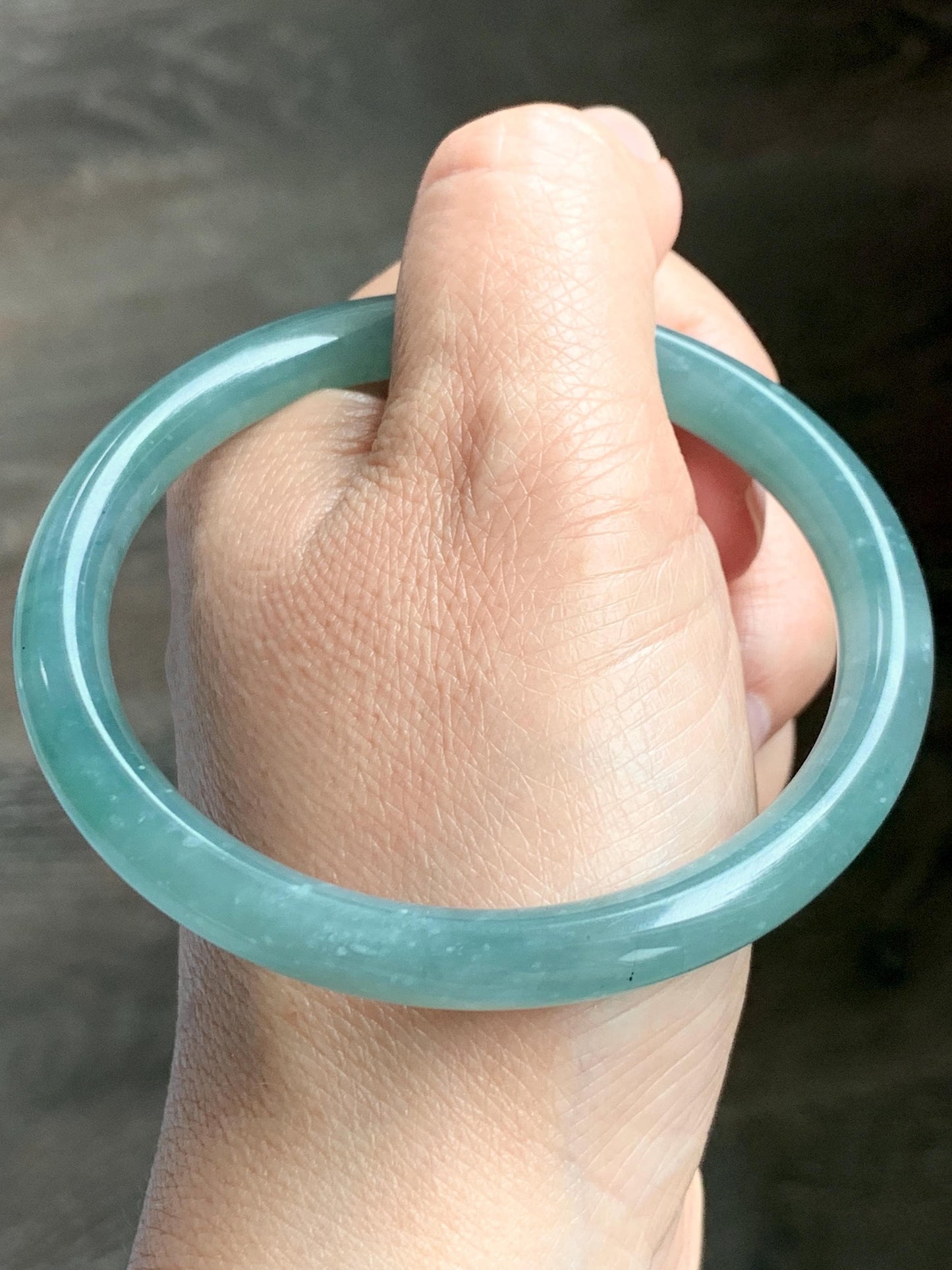 Certified Natural Grade A Guatemalan Icy Translucent Dusty Teal Green Jade Jadeite Bangle Bracelet 59mm 7.32” 31g 天然冰危蓝绿圆条翡翠手镯 210