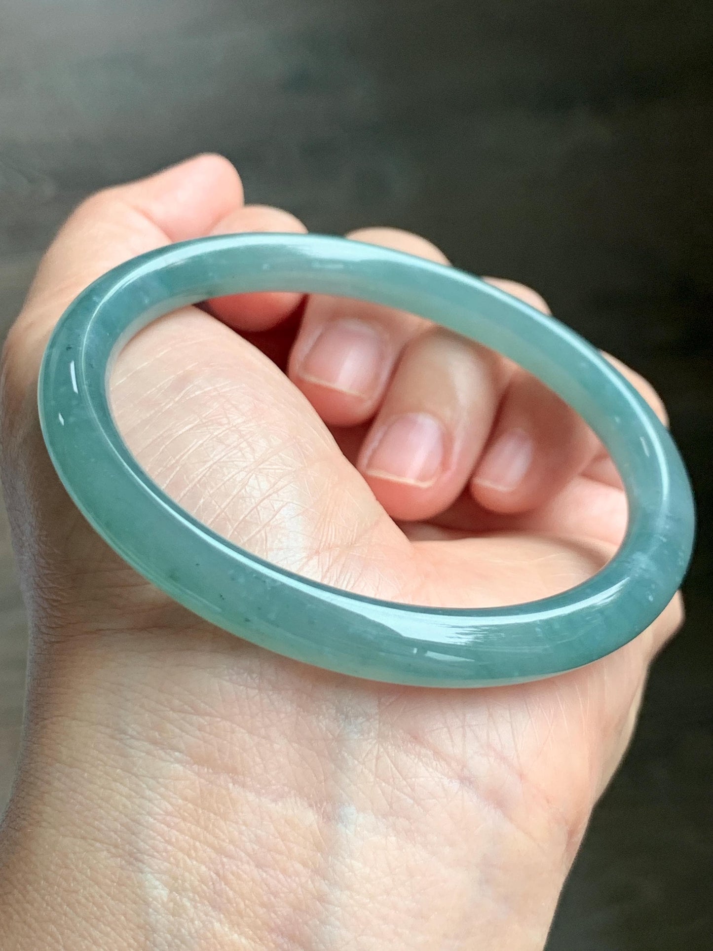 Certified Natural Grade A Guatemalan Icy Translucent Dusty Teal Green Jade Jadeite Bangle Bracelet 59mm 7.32” 31g 天然冰危蓝绿圆条翡翠手镯 210