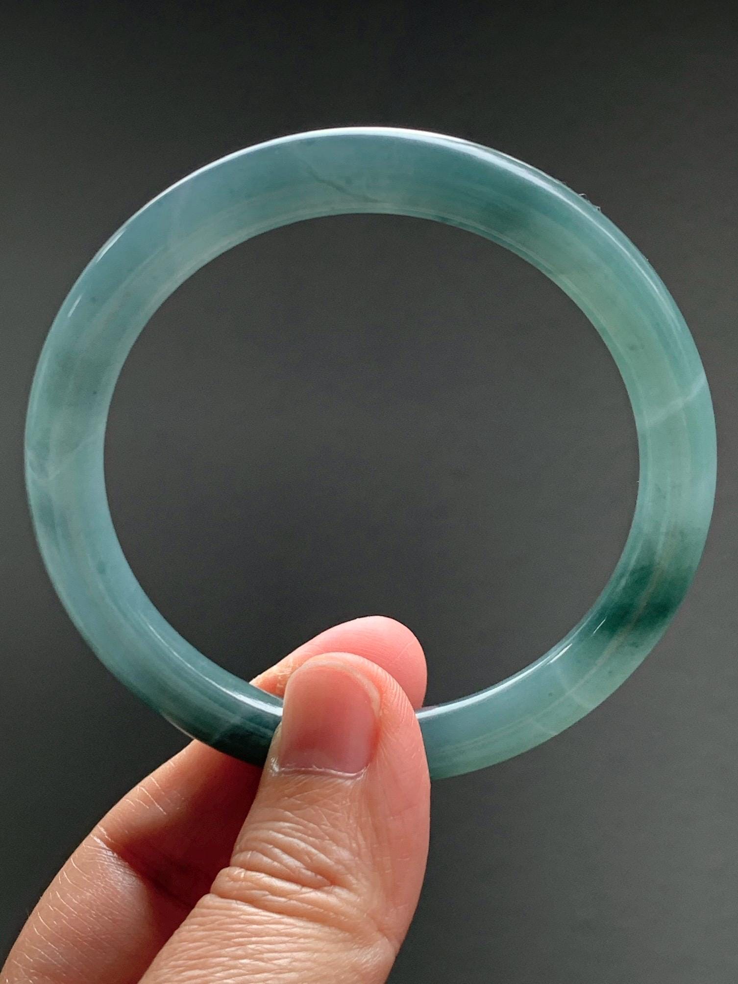 Certified Natural Grade A Guatemalan Icy Translucent Dusty Teal Blue Jade Jadeite Bangle Bracelet 57.12 mm 7” 37g 天然冰危蓝绿翡翠圆条手镯 197