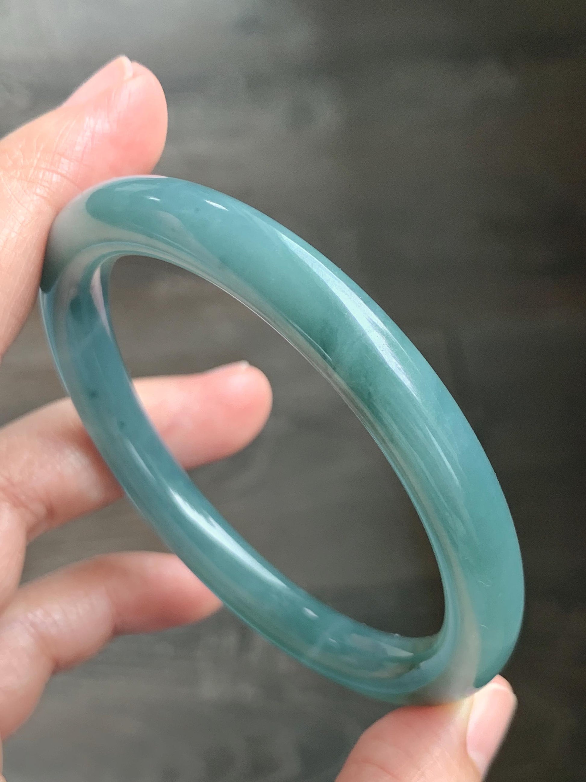 Certified Natural Grade A Guatemalan Icy Translucent Dusty Teal Blue Jade Jadeite Bangle Bracelet 57.12 mm 7” 37g 天然冰危蓝绿翡翠圆条手镯 197