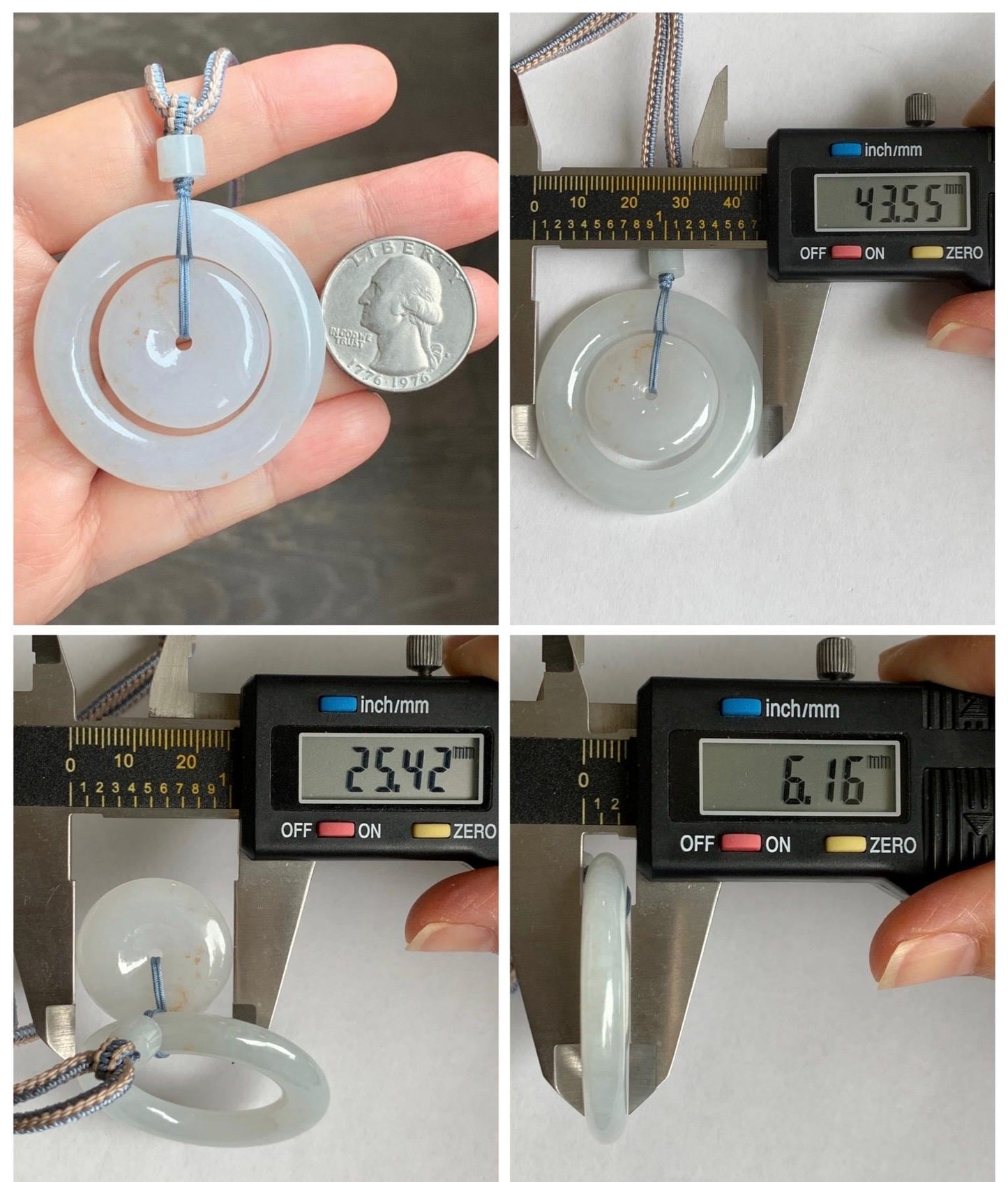 Natural Grade A Icy Translucent White Jade Jadeite Mother-and-Child Ping An Kou Donut Pendant Rope Necklace 27” 22g 天然白冰胶撒金翡翠子母扣吊坠 MBZ220
