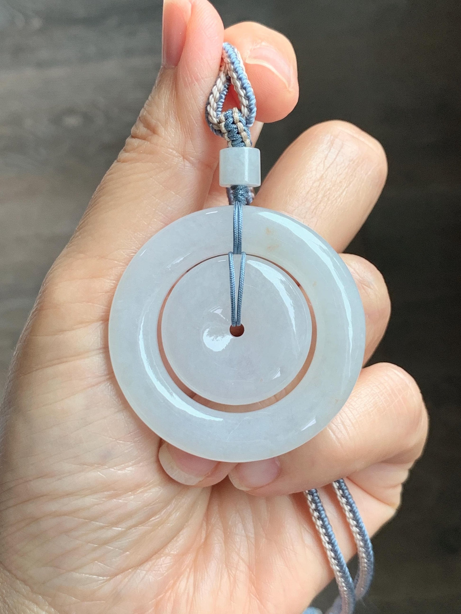 Natural Grade A Icy Translucent White Jade Jadeite Mother-and-Child Ping An Kou Donut Pendant Rope Necklace 27” 22g 天然白冰胶撒金翡翠子母扣吊坠 MBZ220