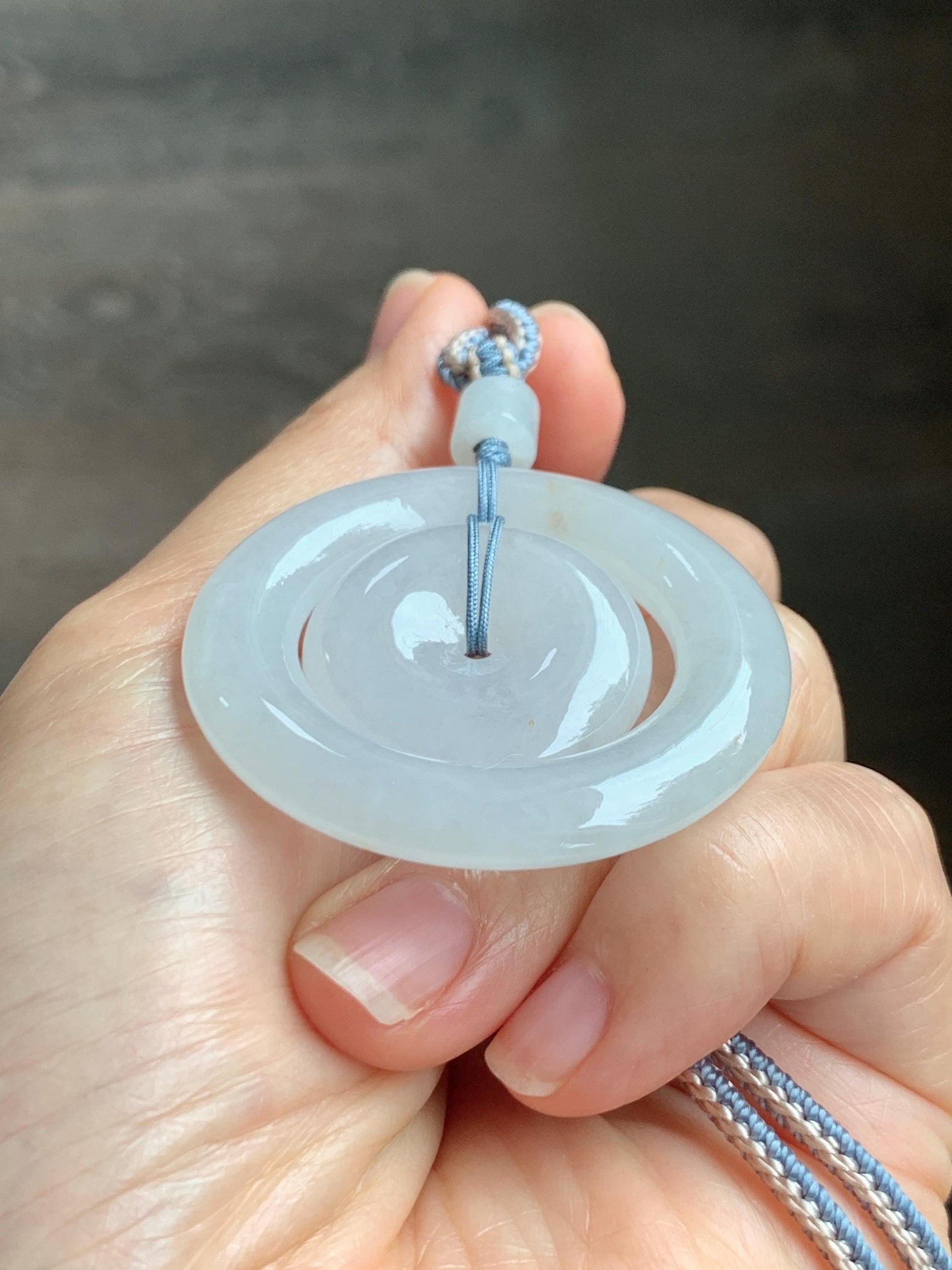 Natural Grade A Icy Translucent White Jade Jadeite Mother-and-Child Ping An Kou Donut Pendant Rope Necklace 27” 22g 天然白冰胶撒金翡翠子母扣吊坠 MBZ220