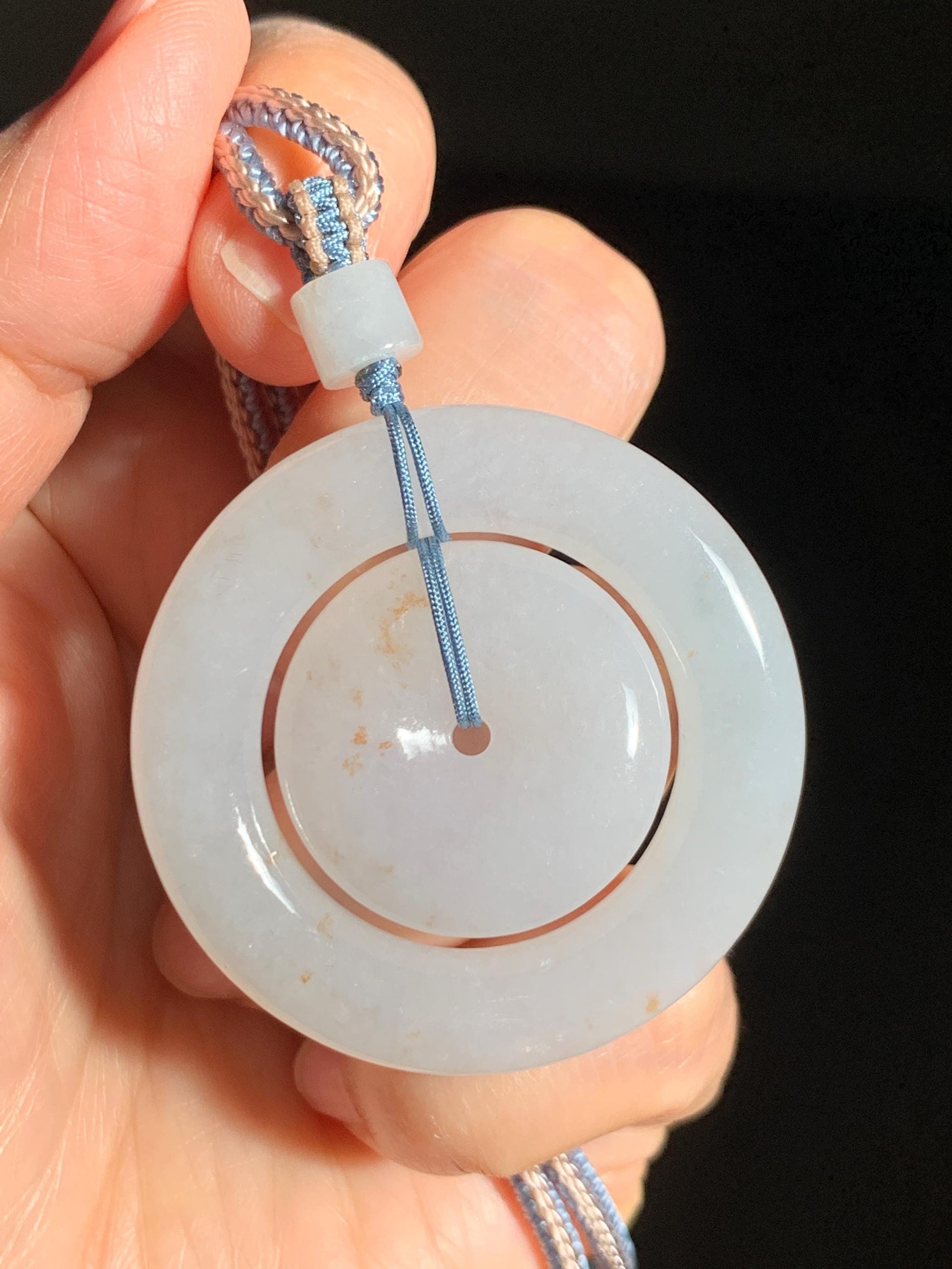 Natural Grade A Icy Translucent White Jade Jadeite Mother-and-Child Ping An Kou Donut Pendant Rope Necklace 27” 22g 天然白冰胶撒金翡翠子母扣吊坠 MBZ220