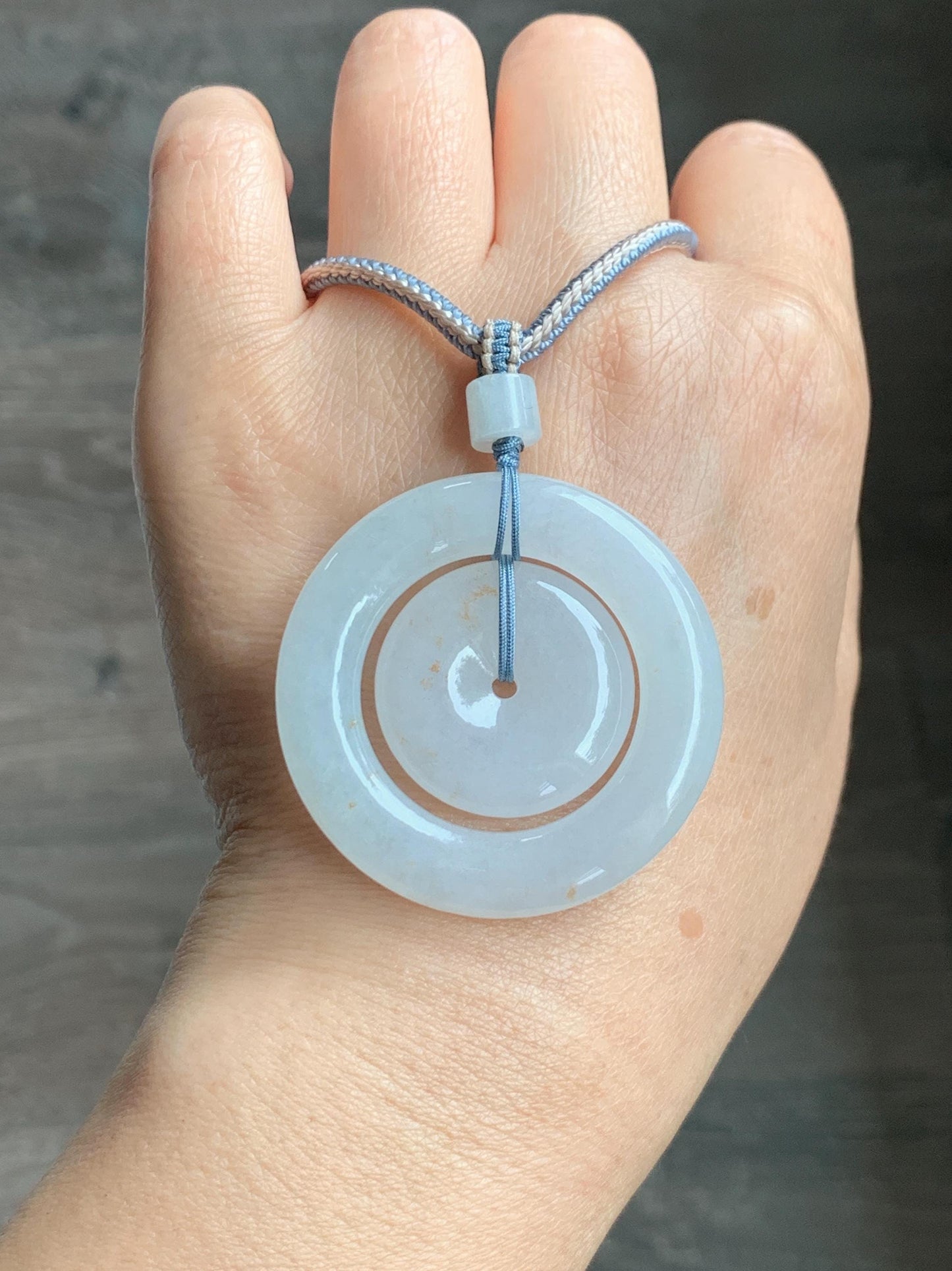 Natural Grade A Icy Translucent White Jade Jadeite Mother-and-Child Ping An Kou Donut Pendant Rope Necklace 27” 22g 天然白冰胶撒金翡翠子母扣吊坠 MBZ220