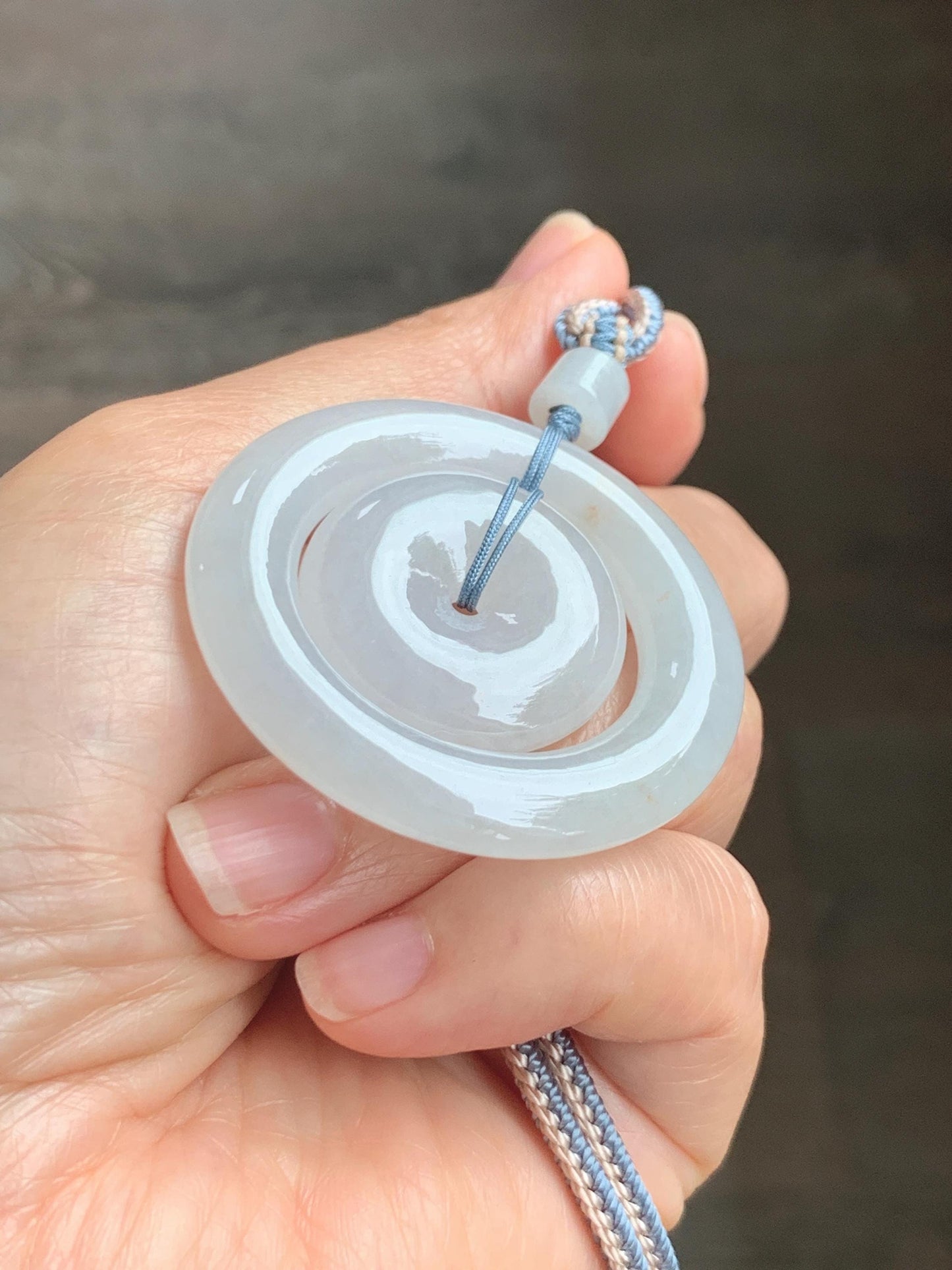 Natural Grade A Icy Translucent White Jade Jadeite Mother-and-Child Ping An Kou Donut Pendant Rope Necklace 27” 22g 天然白冰胶撒金翡翠子母扣吊坠 MBZ220