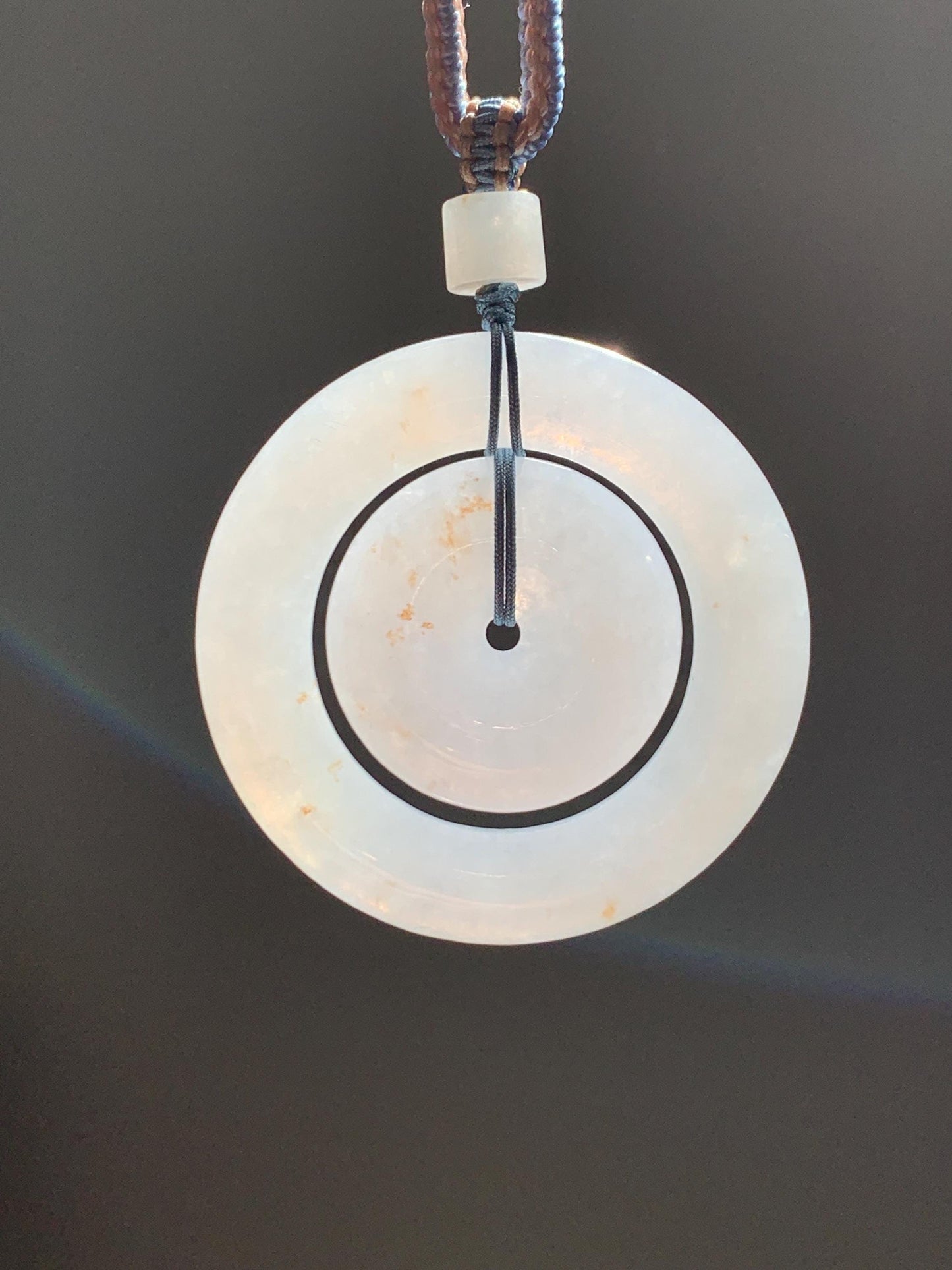 Natural Grade A Icy Translucent White Jade Jadeite Mother-and-Child Ping An Kou Donut Pendant Rope Necklace 27” 22g 天然白冰胶撒金翡翠子母扣吊坠 MBZ220