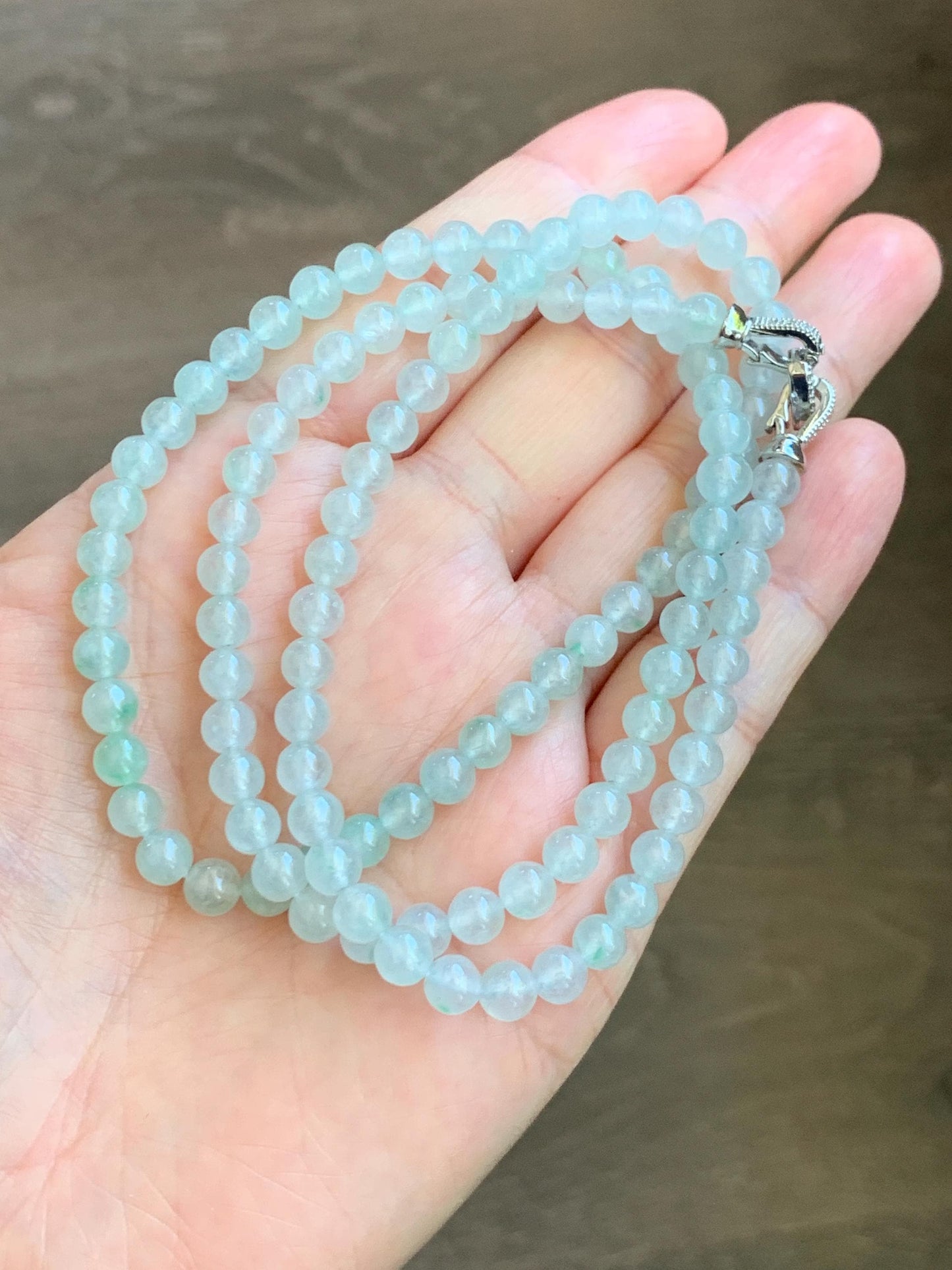 Grade A Natural Icy Highly Translucent White & Pastel Green Jade Jadeite Round Beads Beaded Necklace 5.5mm 23.5” 32g 天然冰晴底起光翡翠圆珠项链 MDQ660