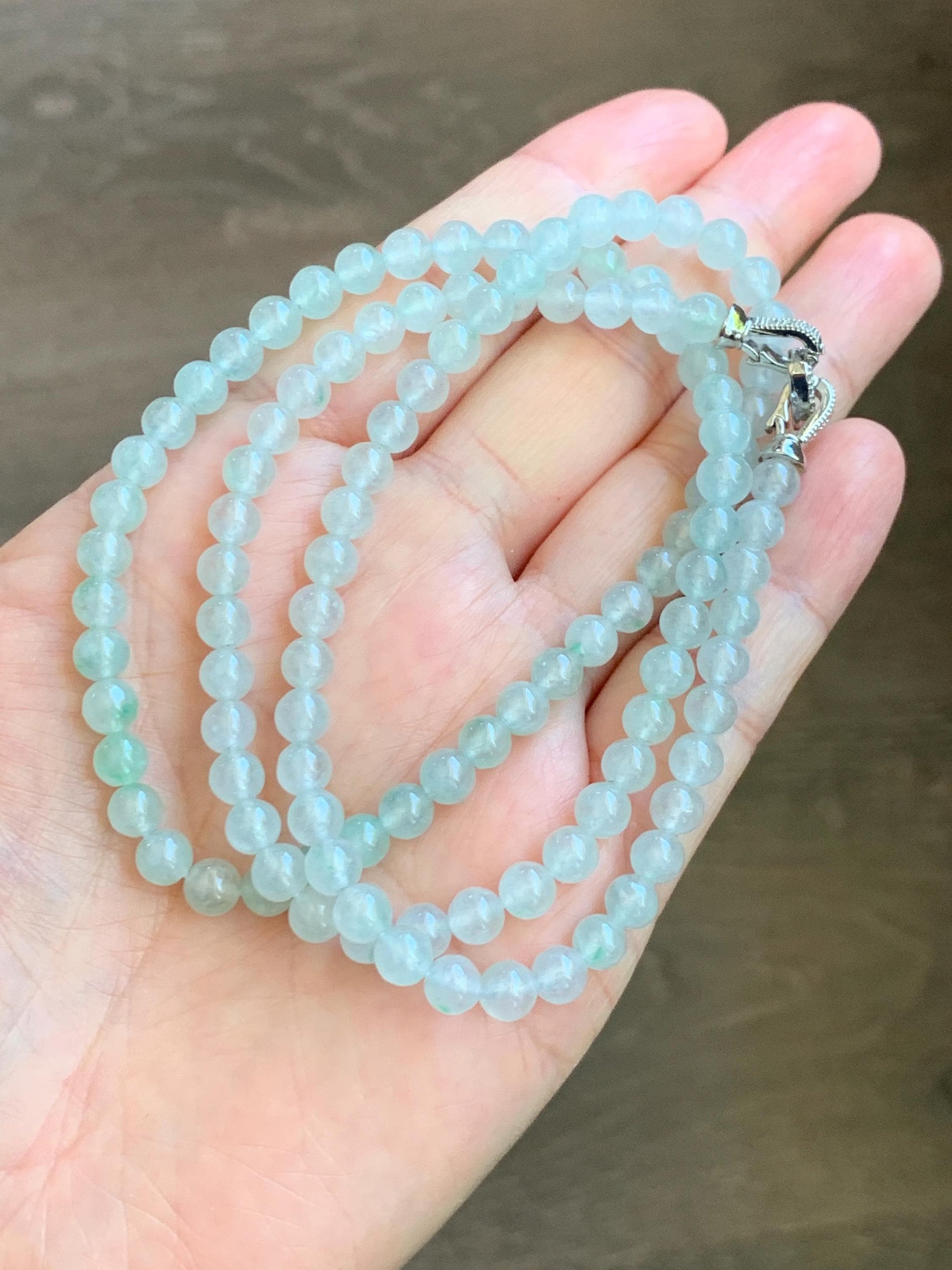 Grade A Natural Icy Highly Translucent White & Pastel Green Jade Jadeite Round Beads Beaded Necklace 5.5mm 23.5” 32g 天然冰晴底起光翡翠圆珠项链 MDQ660