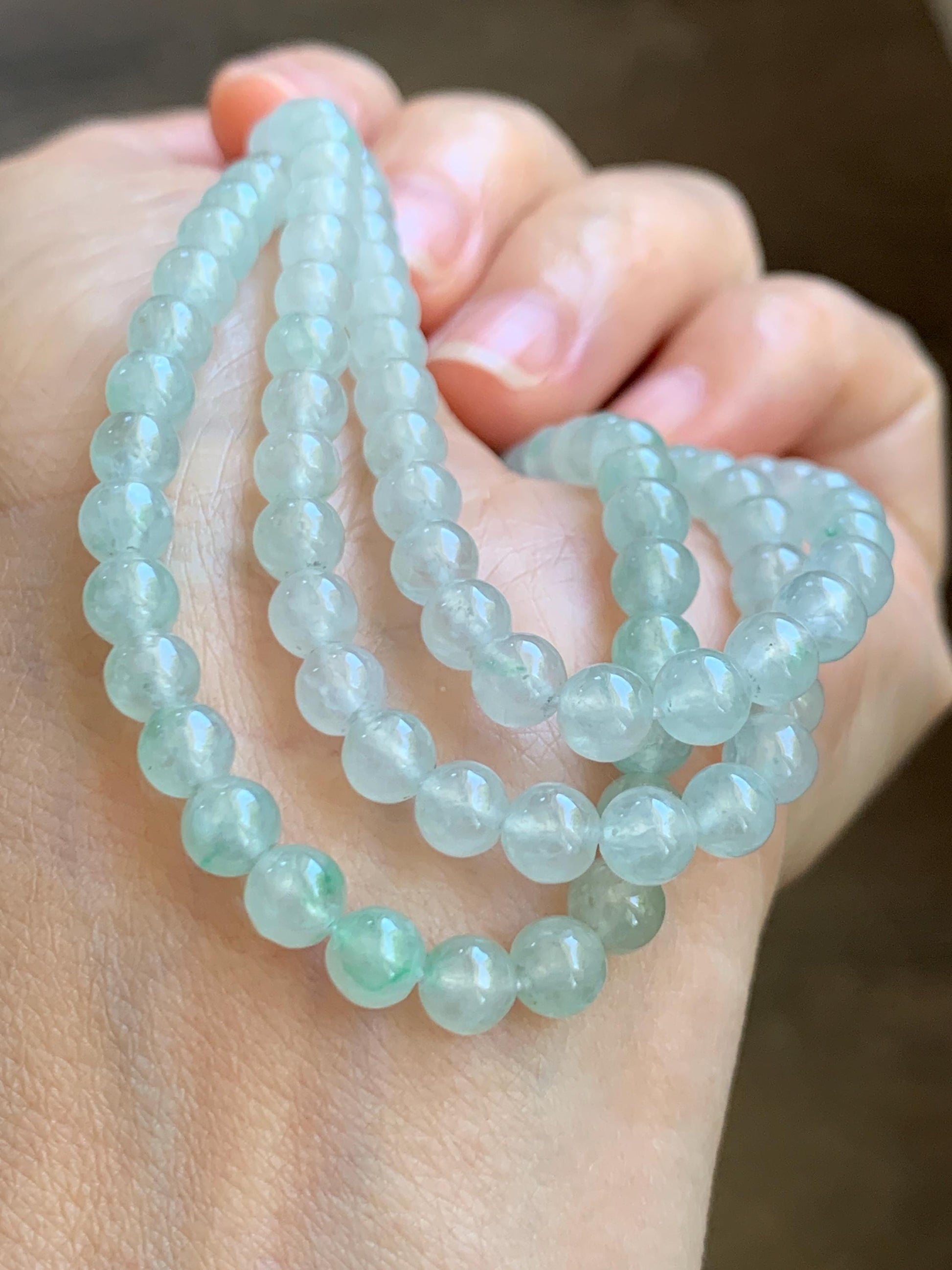 Grade A Natural Icy Highly Translucent White & Pastel Green Jade Jadeite Round Beads Beaded Necklace 5.5mm 23.5” 32g 天然冰晴底起光翡翠圆珠项链 MDQ660