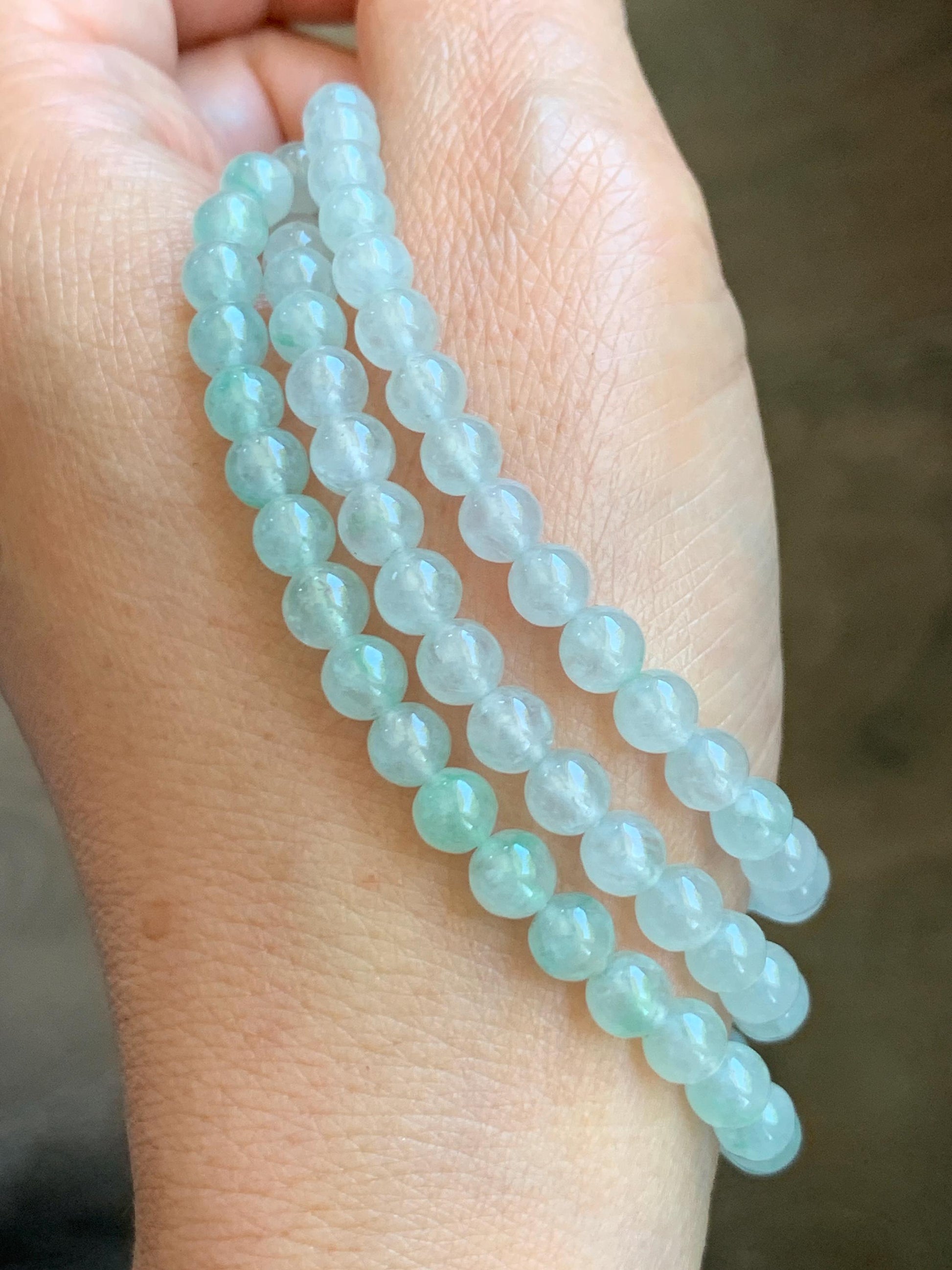 Grade A Natural Icy Highly Translucent White & Pastel Green Jade Jadeite Round Beads Beaded Necklace 5.5mm 23.5” 32g 天然冰晴底起光翡翠圆珠项链 MDQ660