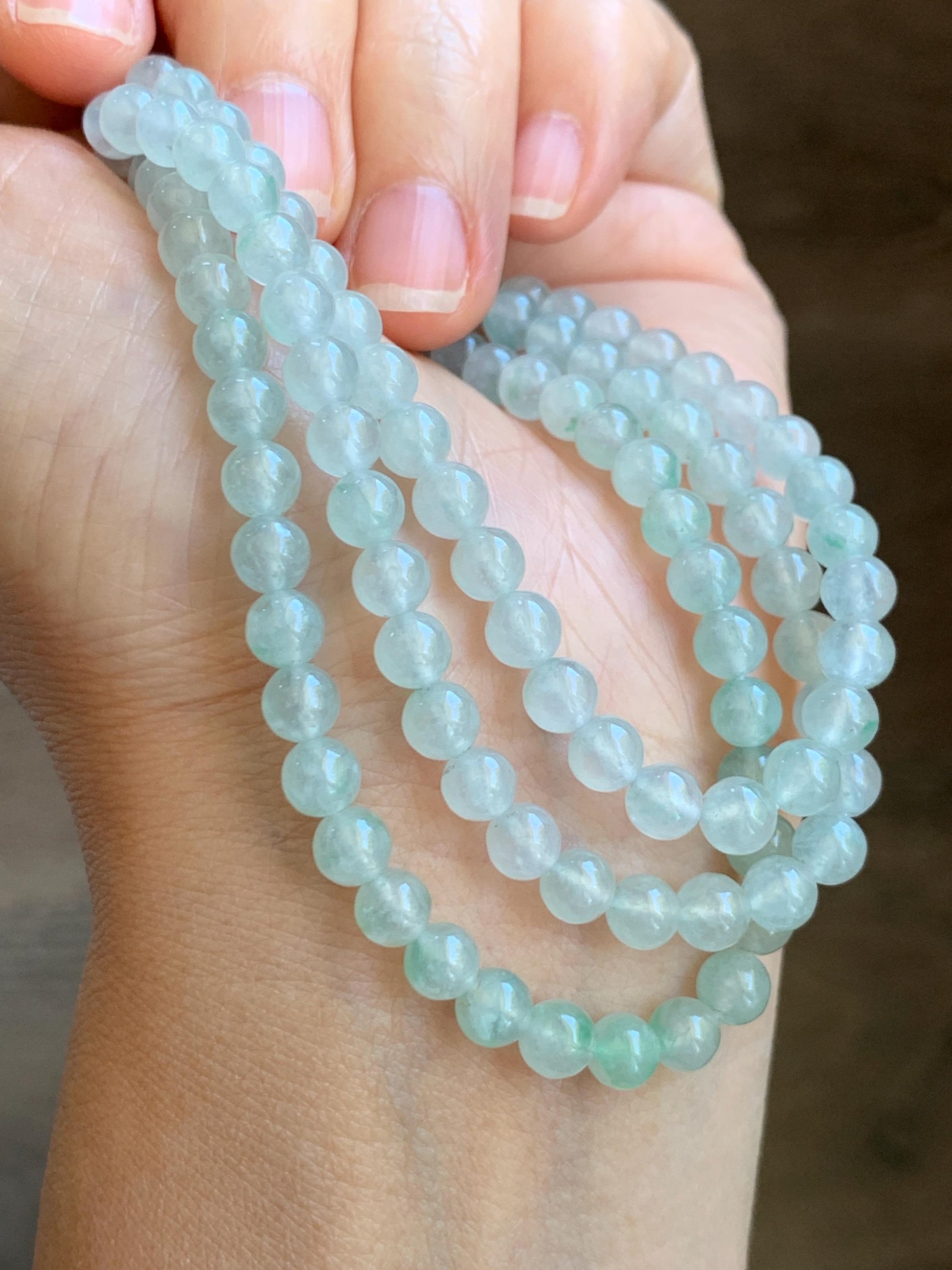 Grade A Natural Icy Highly Translucent White & Pastel Green Jade Jadeite Round Beads Beaded Necklace 5.5mm 23.5” 32g 天然冰晴底起光翡翠圆珠项链 MDQ660