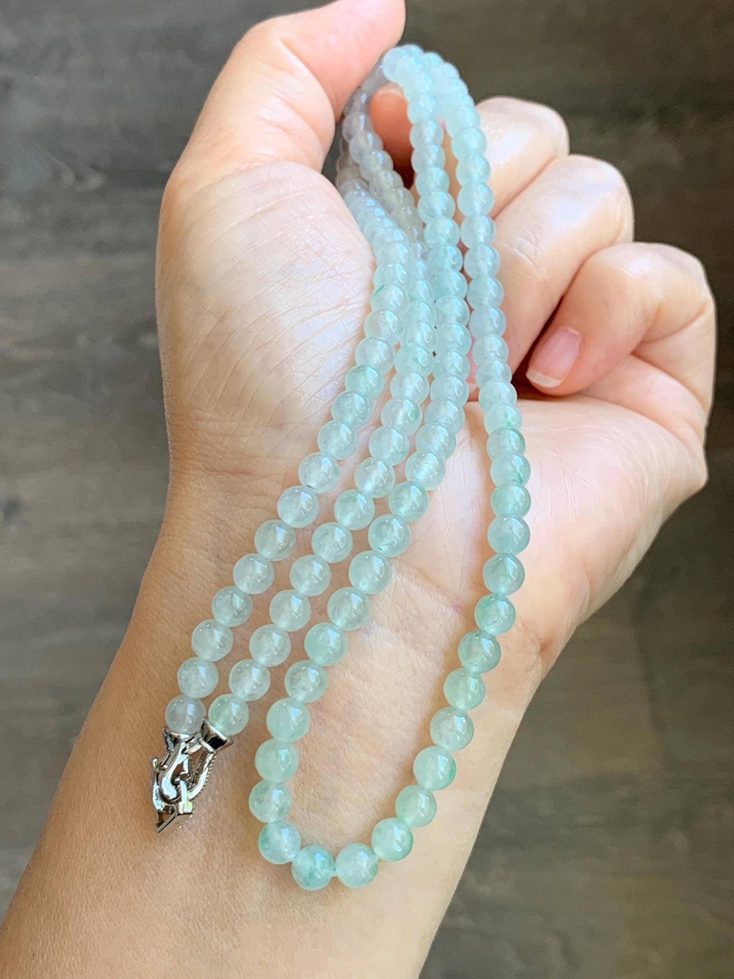 Grade A Natural Icy Highly Translucent White & Pastel Green Jade Jadeite Round Beads Beaded Necklace 5.5mm 23.5” 32g 天然冰晴底起光翡翠圆珠项链 MDQ660