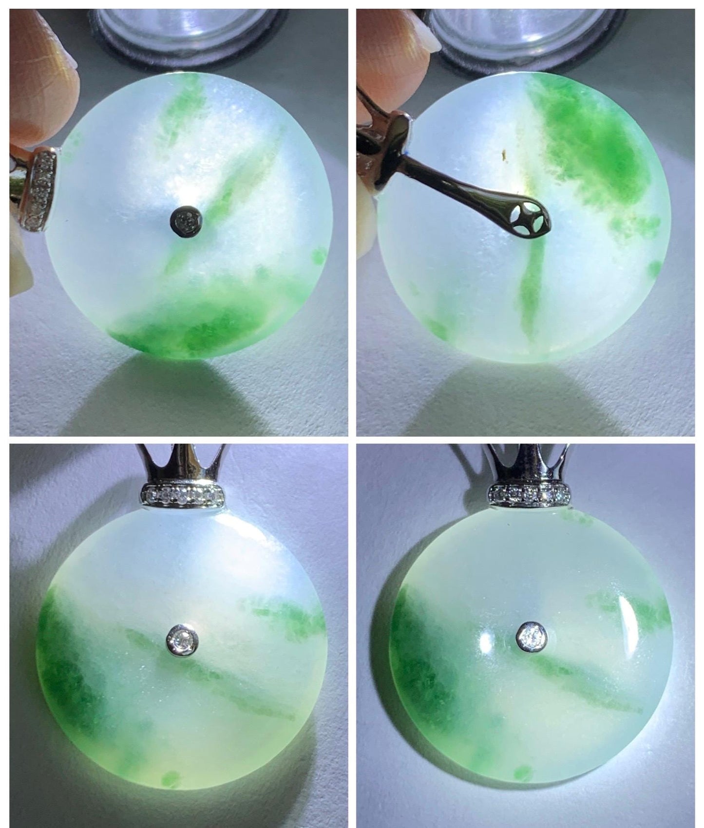 Certified Grade A Natural Icy Translucent Green Marbled Jade Jadeite Ping An Kou Donut Pendant 14K White Gold 2.68g 天然冰胶白飘花翡翠平安扣14K金镶嵌吊坠 218