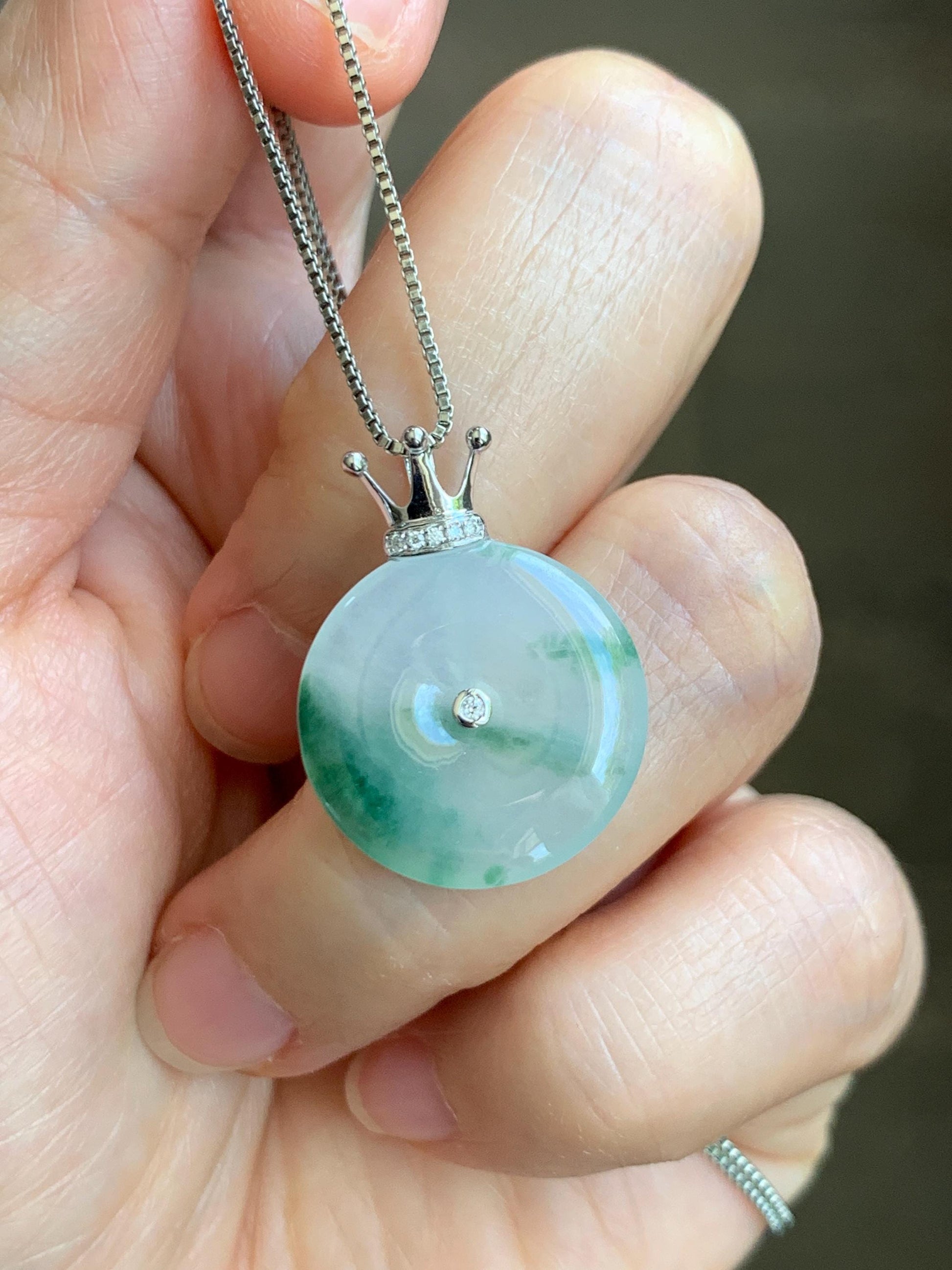 Certified Grade A Natural Icy Translucent Green Marbled Jade Jadeite Ping An Kou Donut Pendant 14K White Gold 2.68g 天然冰胶白飘花翡翠平安扣14K金镶嵌吊坠 218
