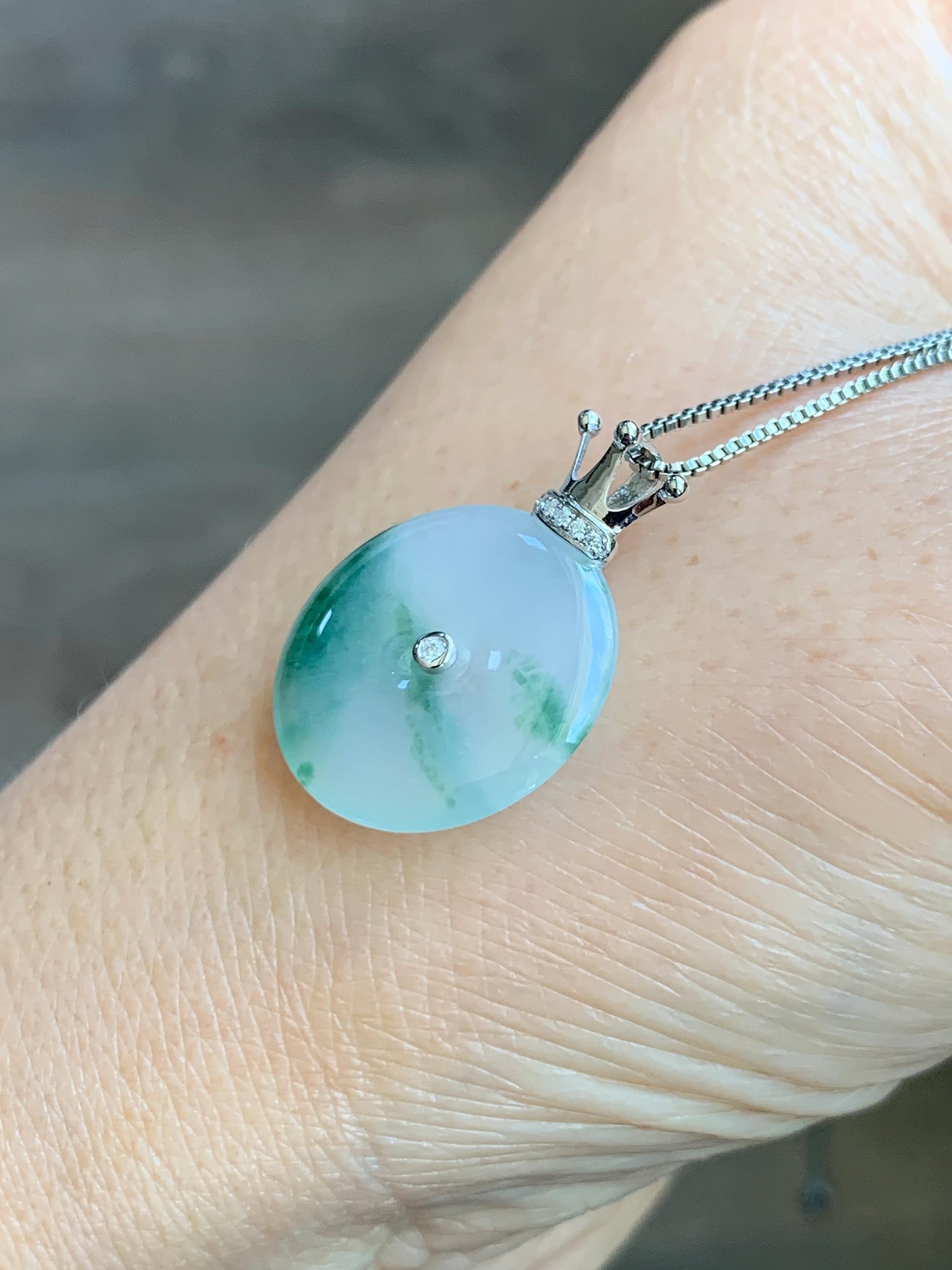 Certified Grade A Natural Icy Translucent Green Marbled Jade Jadeite Ping An Kou Donut Pendant 14K White Gold 2.68g 天然冰胶白飘花翡翠平安扣14K金镶嵌吊坠 218