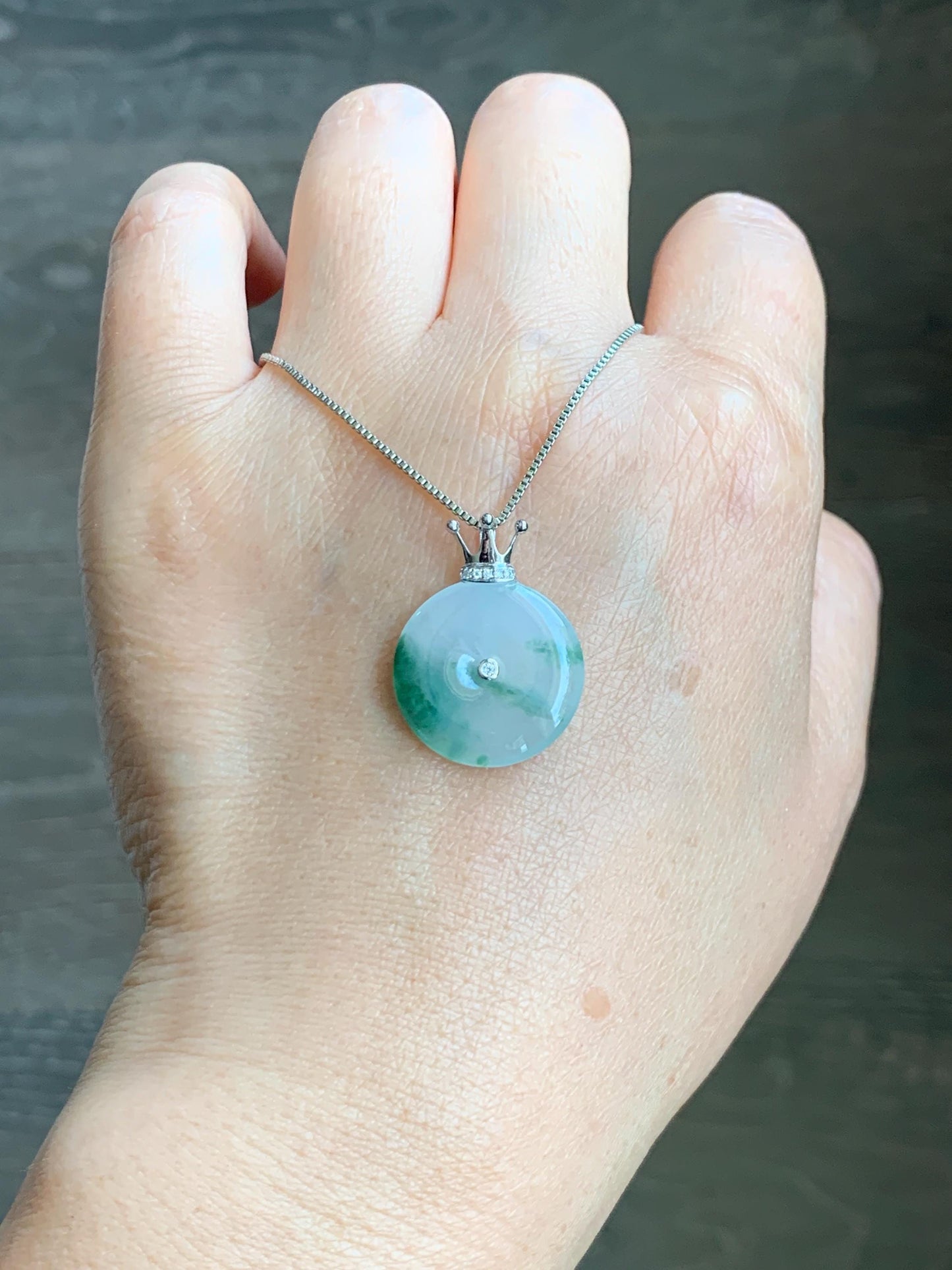 Certified Grade A Natural Icy Translucent Green Marbled Jade Jadeite Ping An Kou Donut Pendant 14K White Gold 2.68g 天然冰胶白飘花翡翠平安扣14K金镶嵌吊坠 218