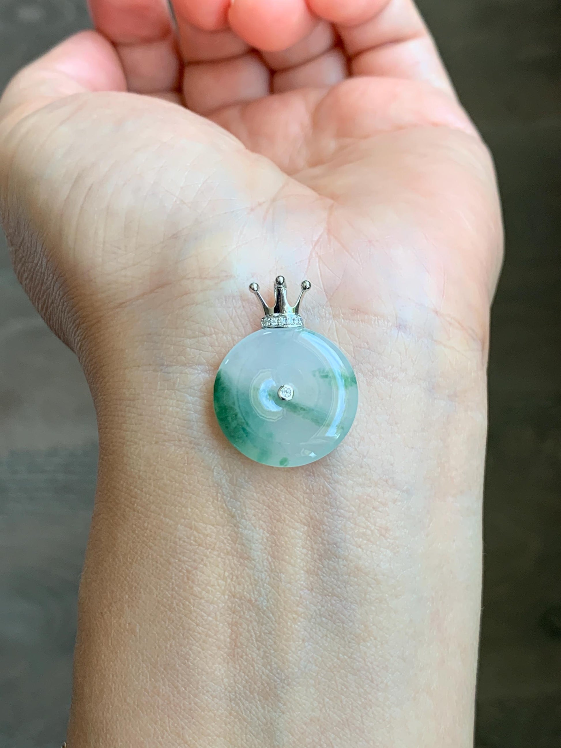 Certified Grade A Natural Icy Translucent Green Marbled Jade Jadeite Ping An Kou Donut Pendant 14K White Gold 2.68g 天然冰胶白飘花翡翠平安扣14K金镶嵌吊坠 218