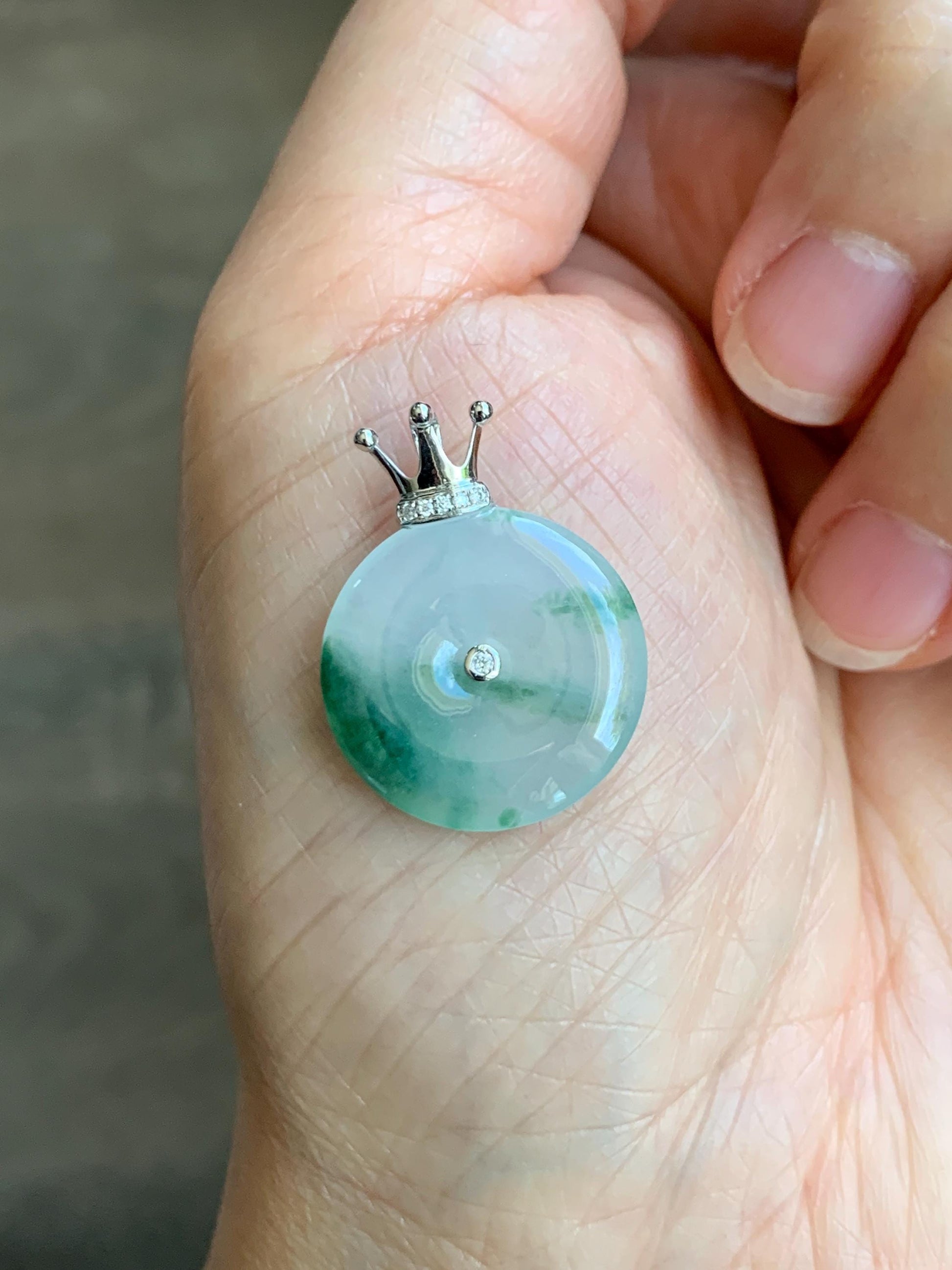 Certified Grade A Natural Icy Translucent Green Marbled Jade Jadeite Ping An Kou Donut Pendant 14K White Gold 2.68g 天然冰胶白飘花翡翠平安扣14K金镶嵌吊坠 218