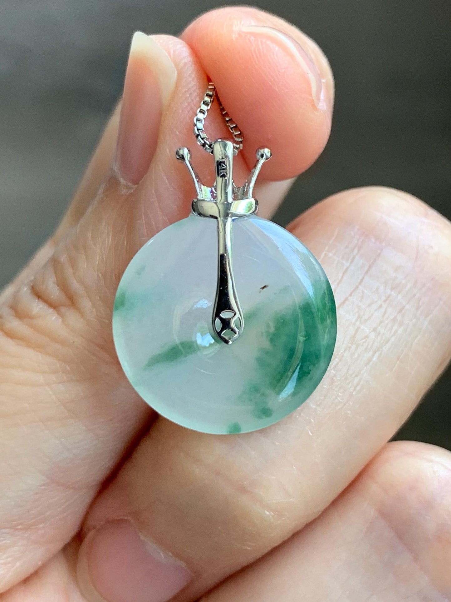 Certified Grade A Natural Icy Translucent Green Marbled Jade Jadeite Ping An Kou Donut Pendant 14K White Gold 2.68g 天然冰胶白飘花翡翠平安扣14K金镶嵌吊坠 218