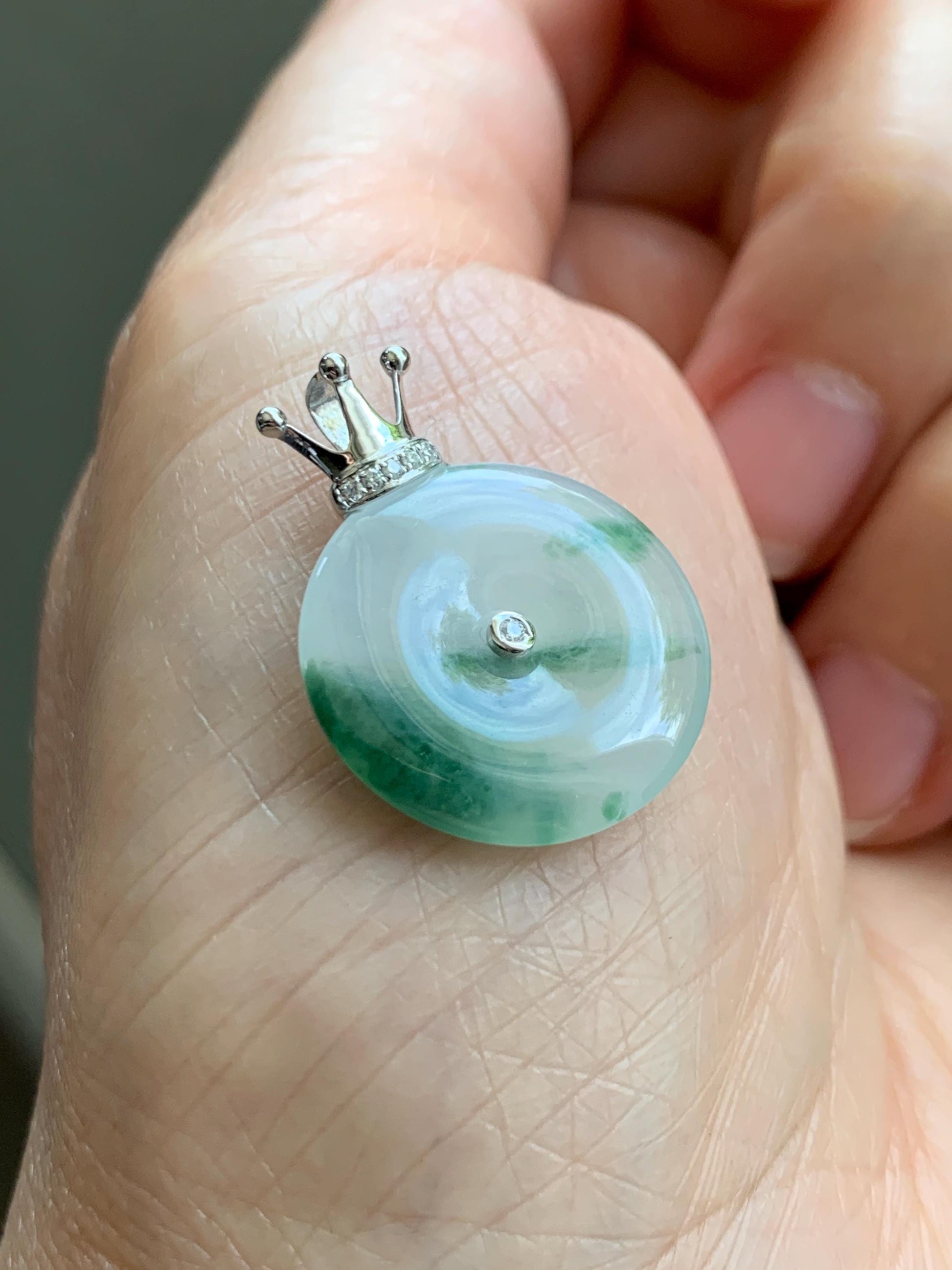 Certified Grade A Natural Icy Translucent Green Marbled Jade Jadeite Ping An Kou Donut Pendant 14K White Gold 2.68g 天然冰胶白飘花翡翠平安扣14K金镶嵌吊坠 218