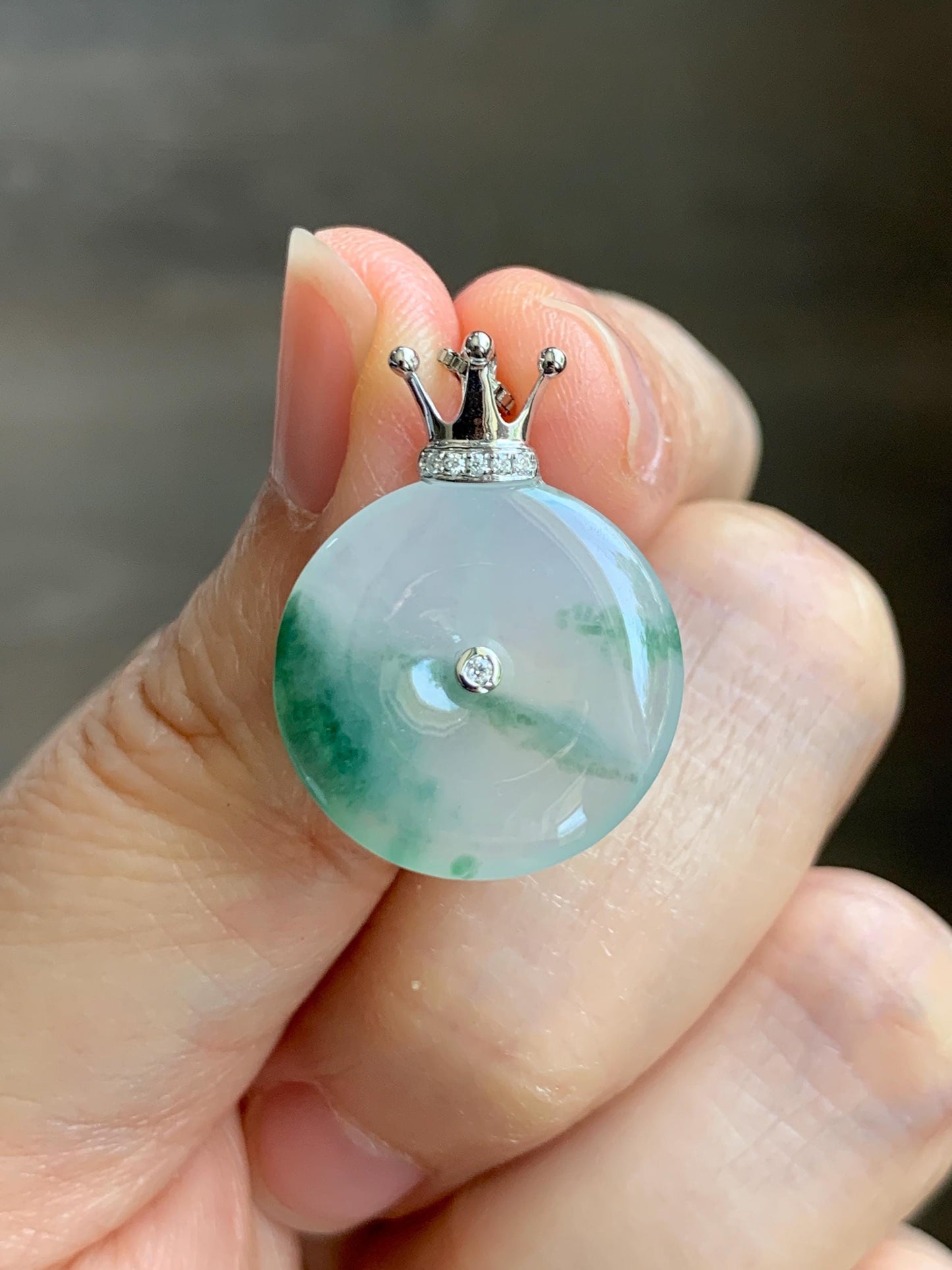 Certified Grade A Natural Icy Translucent Green Marbled Jade Jadeite Ping An Kou Donut Pendant 14K White Gold 2.68g 天然冰胶白飘花翡翠平安扣14K金镶嵌吊坠 218