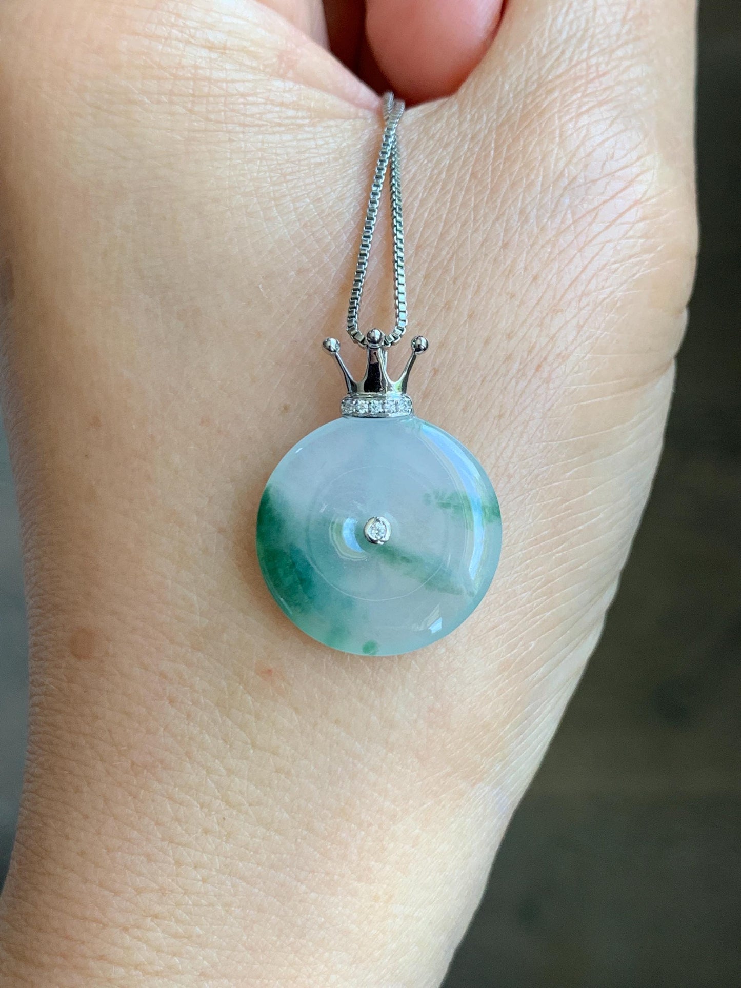 Certified Grade A Natural Icy Translucent Green Marbled Jade Jadeite Ping An Kou Donut Pendant 14K White Gold 2.68g 天然冰胶白飘花翡翠平安扣14K金镶嵌吊坠 218