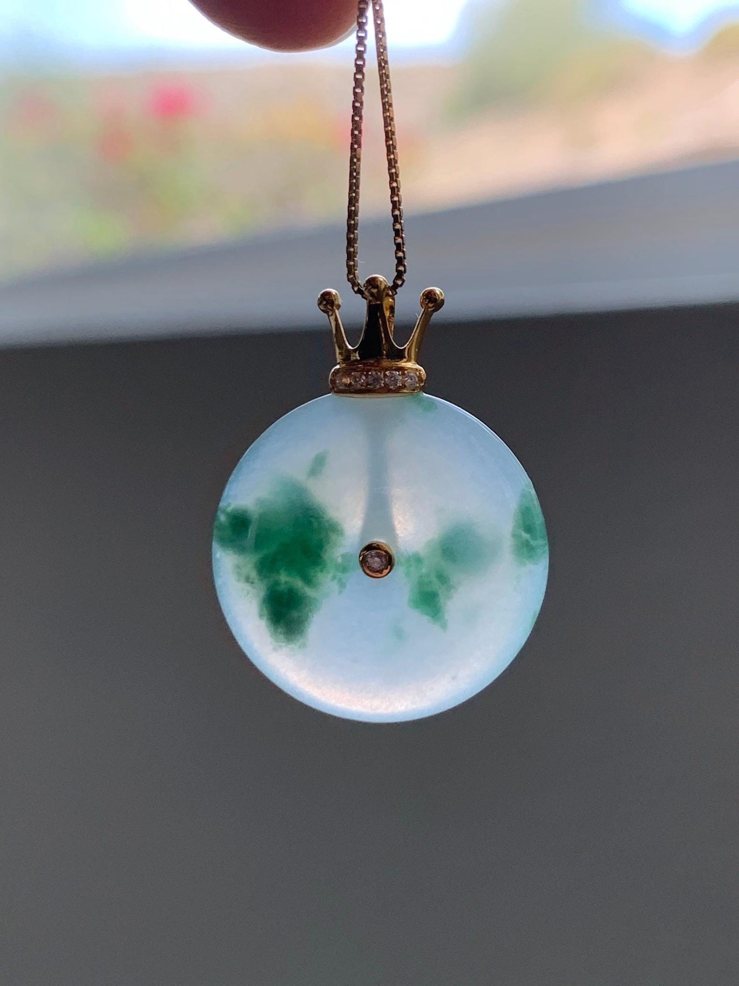 Certified Grade A Natural Icy Translucent Green Marbled Jade Jadeite Ping An Kou Donut Pendant 14K Yellow Gold 3g 天然冰胶白飘花翡翠平安扣14K金镶嵌吊坠 217