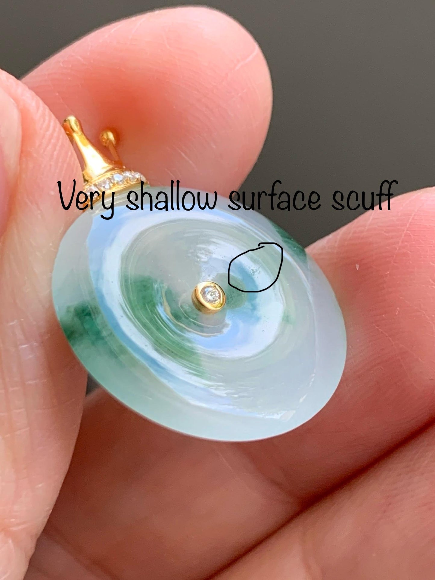 Certified Grade A Natural Icy Translucent Green Marbled Jade Jadeite Ping An Kou Donut Pendant 14K Yellow Gold 3g 天然冰胶白飘花翡翠平安扣14K金镶嵌吊坠 217