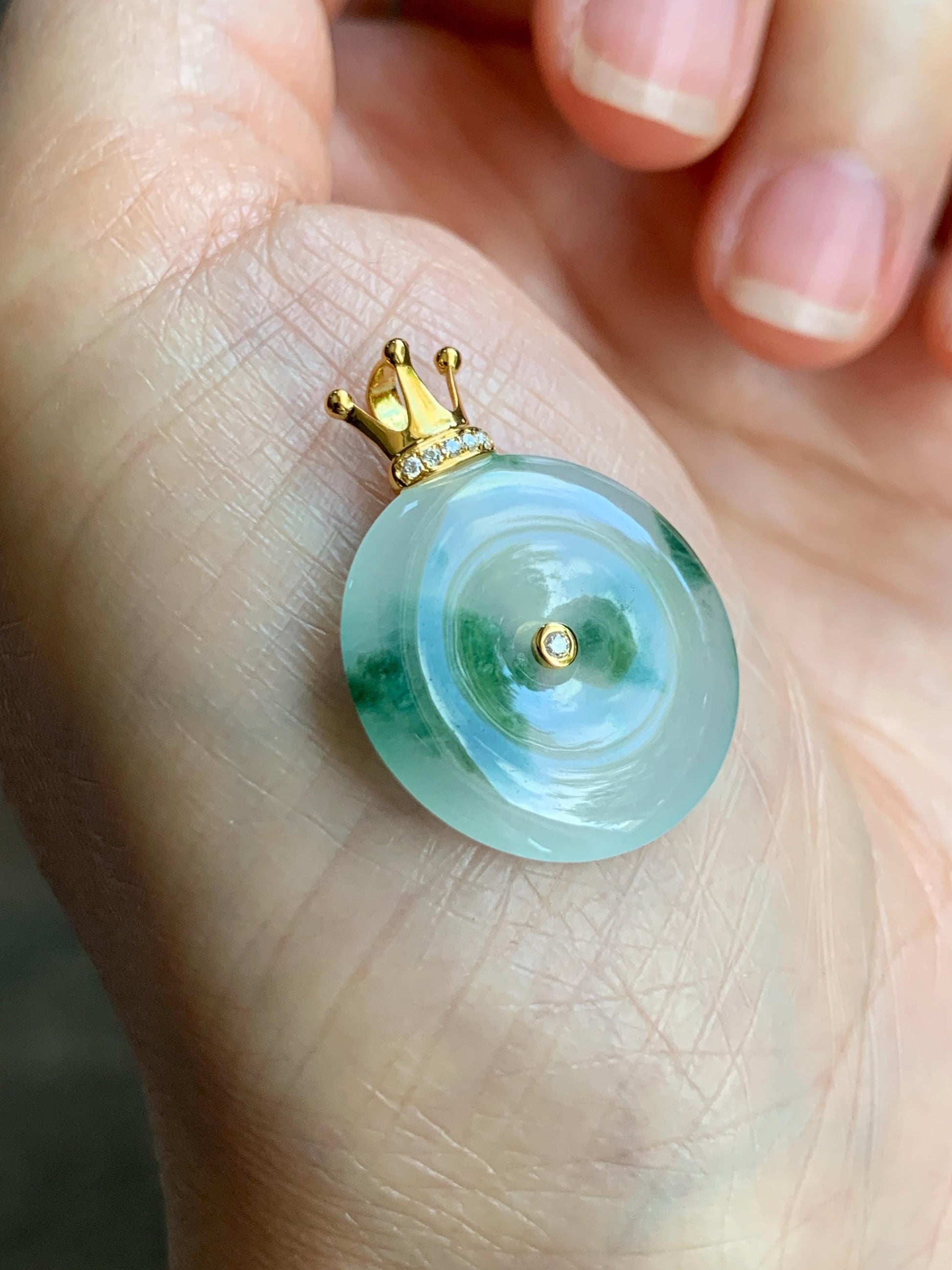 Certified Grade A Natural Icy Translucent Green Marbled Jade Jadeite Ping An Kou Donut Pendant 14K Yellow Gold 3g 天然冰胶白飘花翡翠平安扣14K金镶嵌吊坠 217