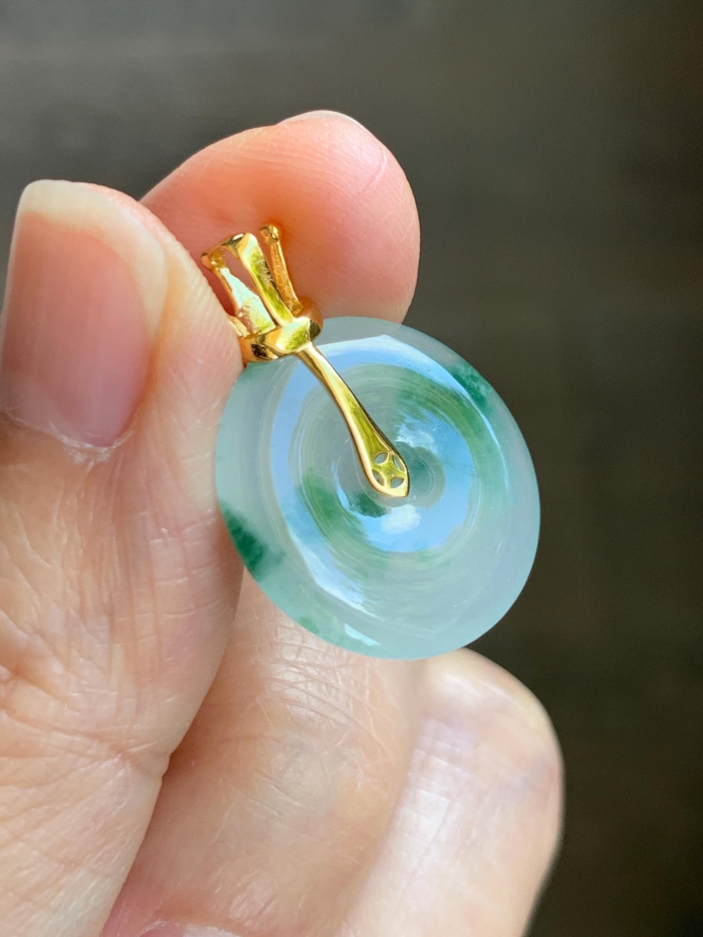 Certified Grade A Natural Icy Translucent Green Marbled Jade Jadeite Ping An Kou Donut Pendant 14K Yellow Gold 3g 天然冰胶白飘花翡翠平安扣14K金镶嵌吊坠 217