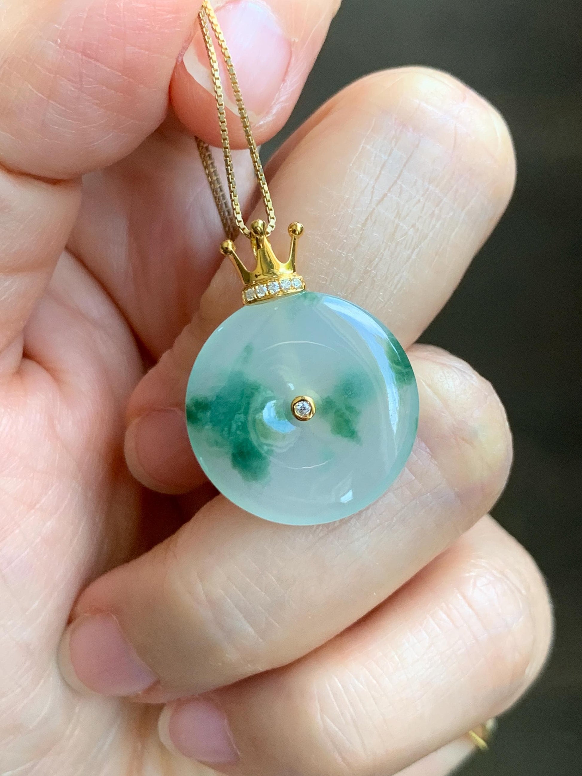 Certified Grade A Natural Icy Translucent Green Marbled Jade Jadeite Ping An Kou Donut Pendant 14K Yellow Gold 3g 天然冰胶白飘花翡翠平安扣14K金镶嵌吊坠 217