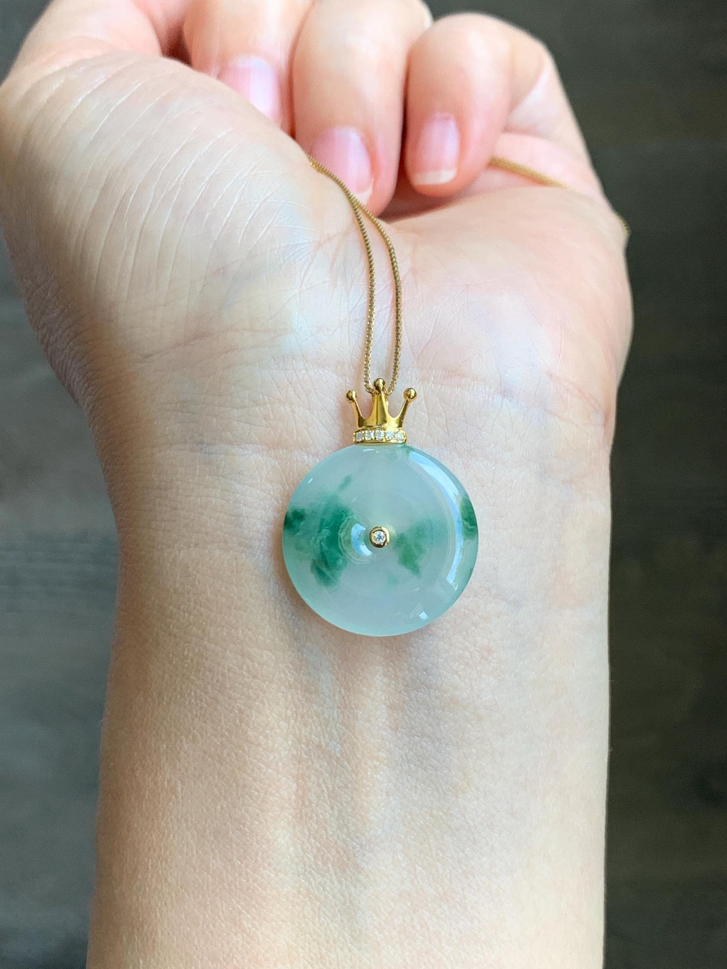 Certified Grade A Natural Icy Translucent Green Marbled Jade Jadeite Ping An Kou Donut Pendant 14K Yellow Gold 3g 天然冰胶白飘花翡翠平安扣14K金镶嵌吊坠 217