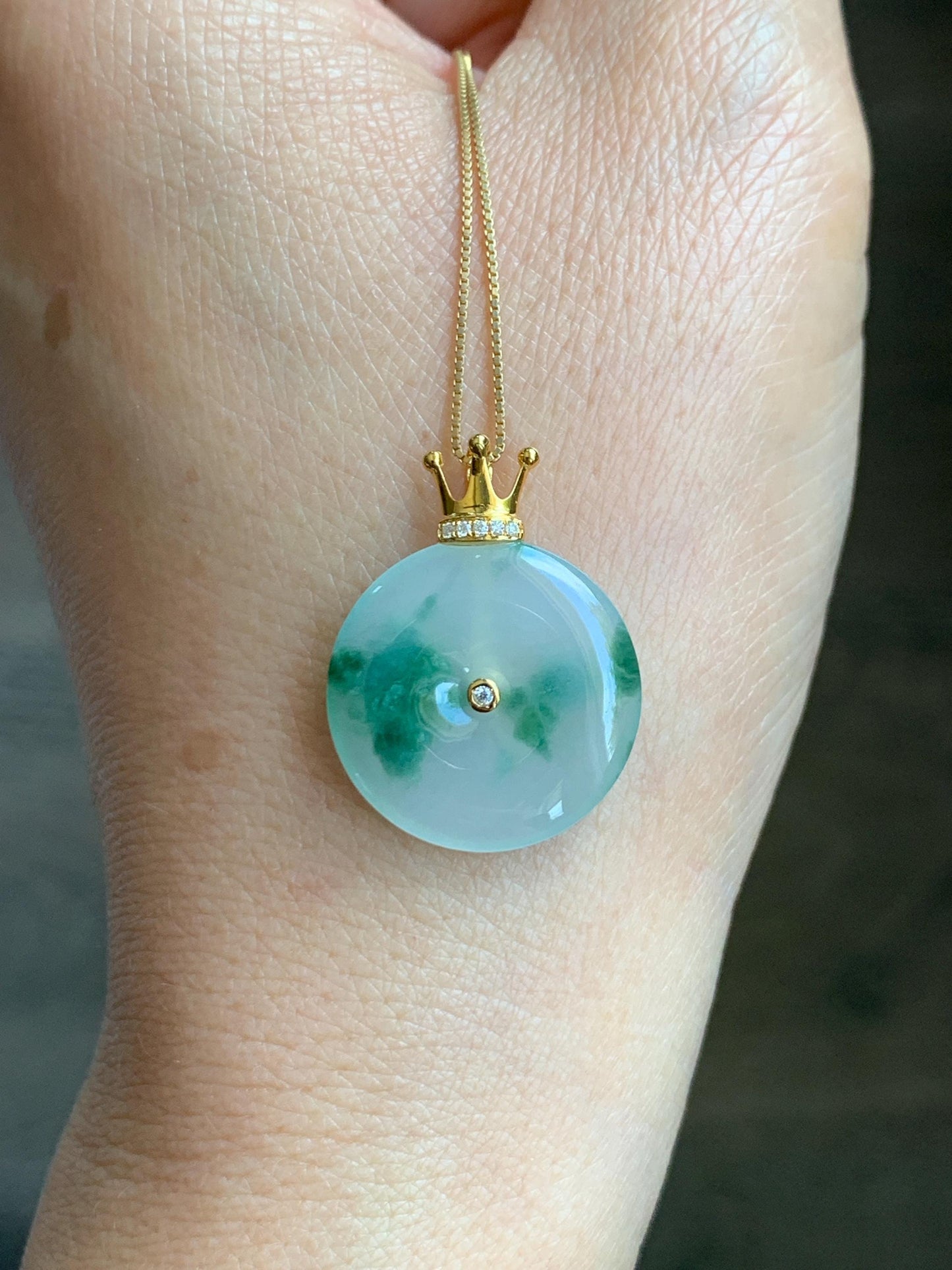 Certified Grade A Natural Icy Translucent Green Marbled Jade Jadeite Ping An Kou Donut Pendant 14K Yellow Gold 3g 天然冰胶白飘花翡翠平安扣14K金镶嵌吊坠 217