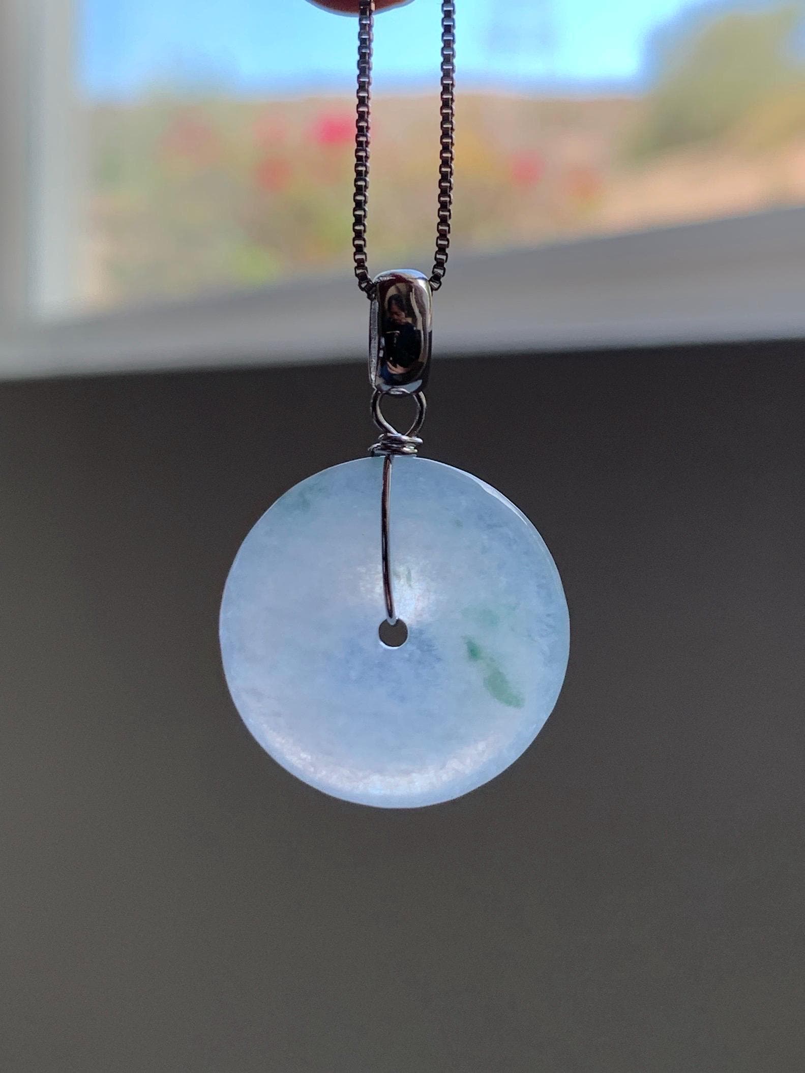Certified Grade A Natural Icy Translucent White & Green Marbled Jade Jadeite Ping An Kou Donut Pendant Sterling Silver 6g 天然冰胶白飘花翡翠平安扣吊坠 256