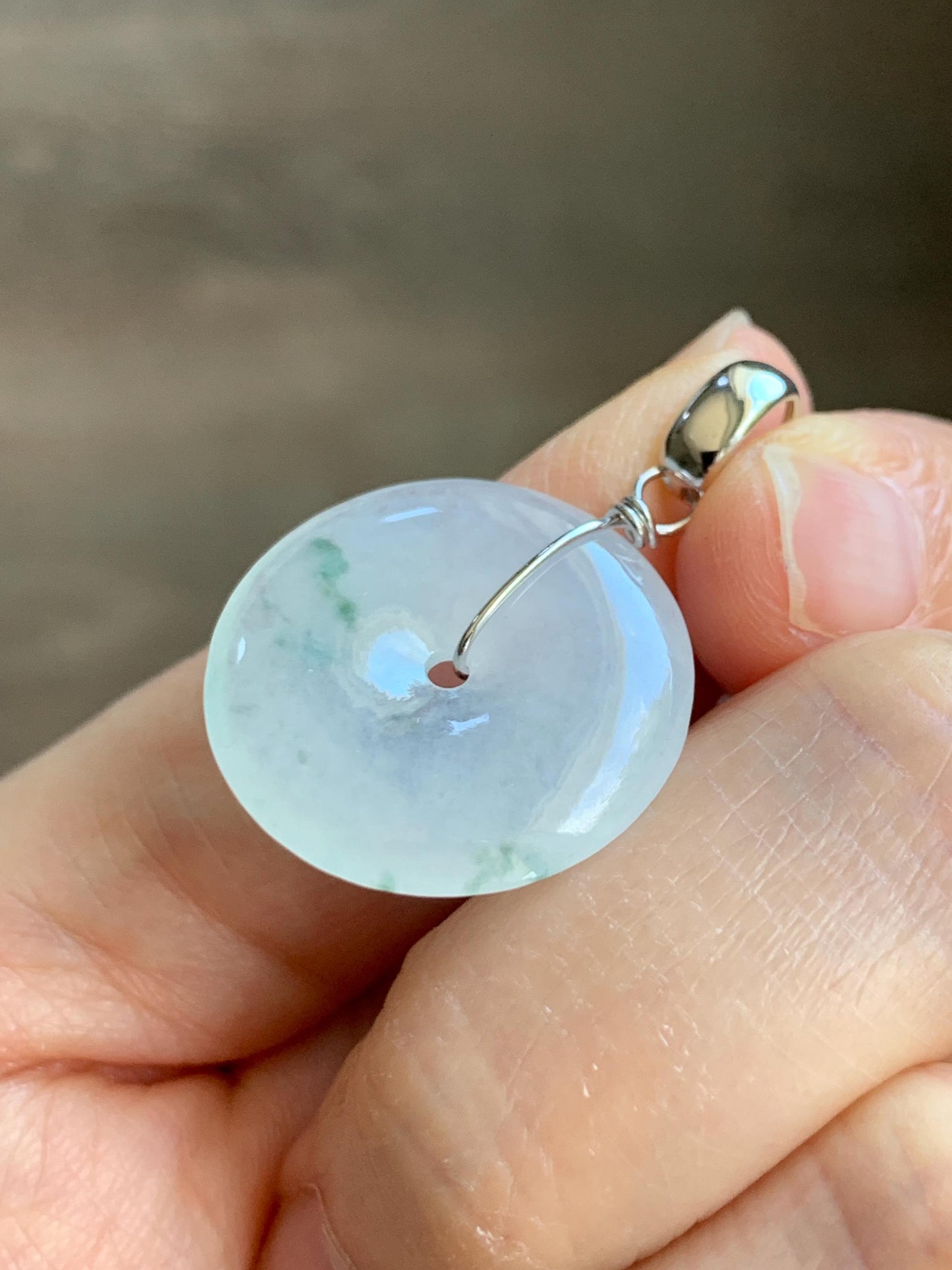 Certified Grade A Natural Icy Translucent White & Green Marbled Jade Jadeite Ping An Kou Donut Pendant Sterling Silver 6g 天然冰胶白飘花翡翠平安扣吊坠 256