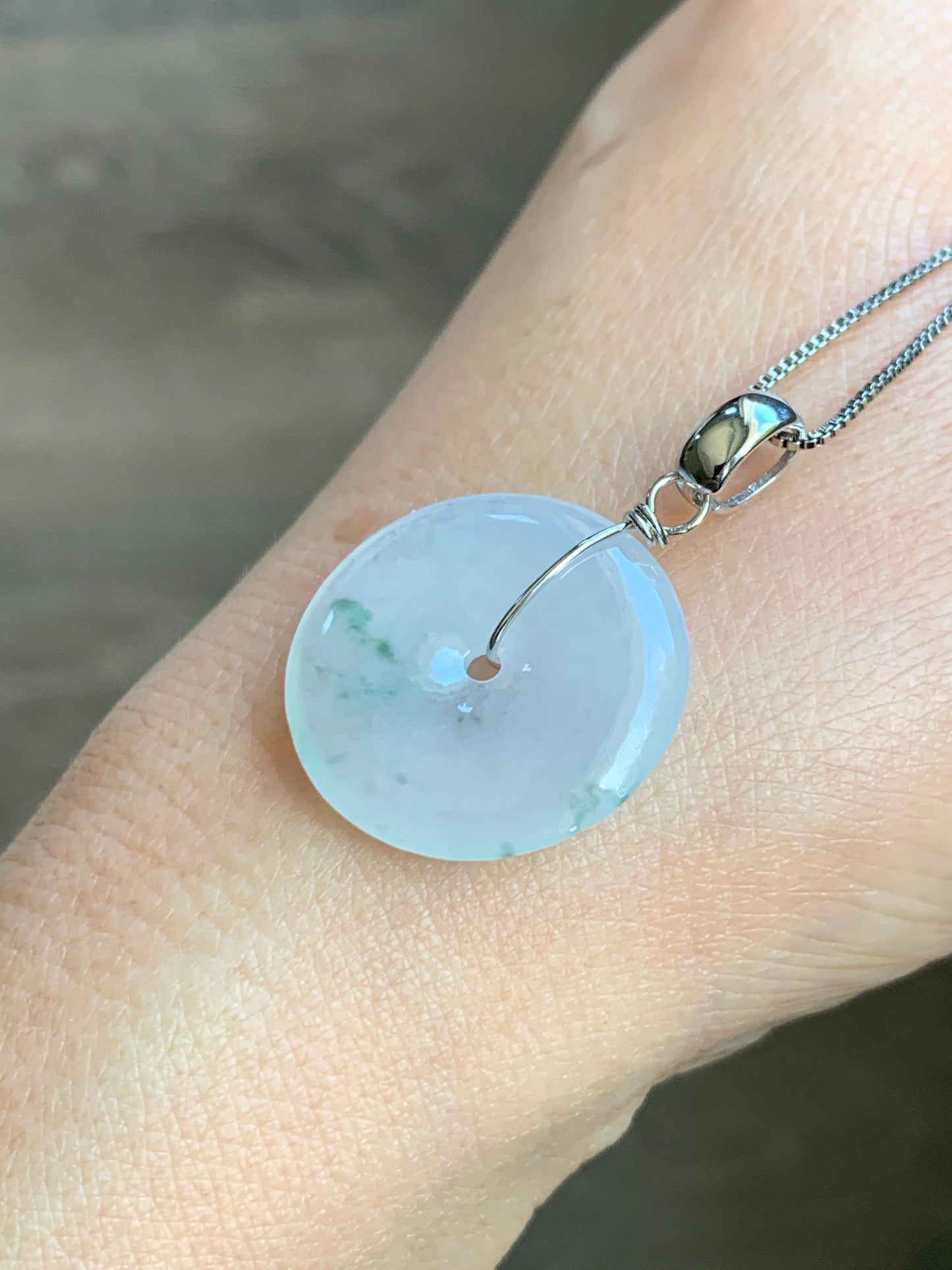 Certified Grade A Natural Icy Translucent White & Green Marbled Jade Jadeite Ping An Kou Donut Pendant Sterling Silver 6g 天然冰胶白飘花翡翠平安扣吊坠 256