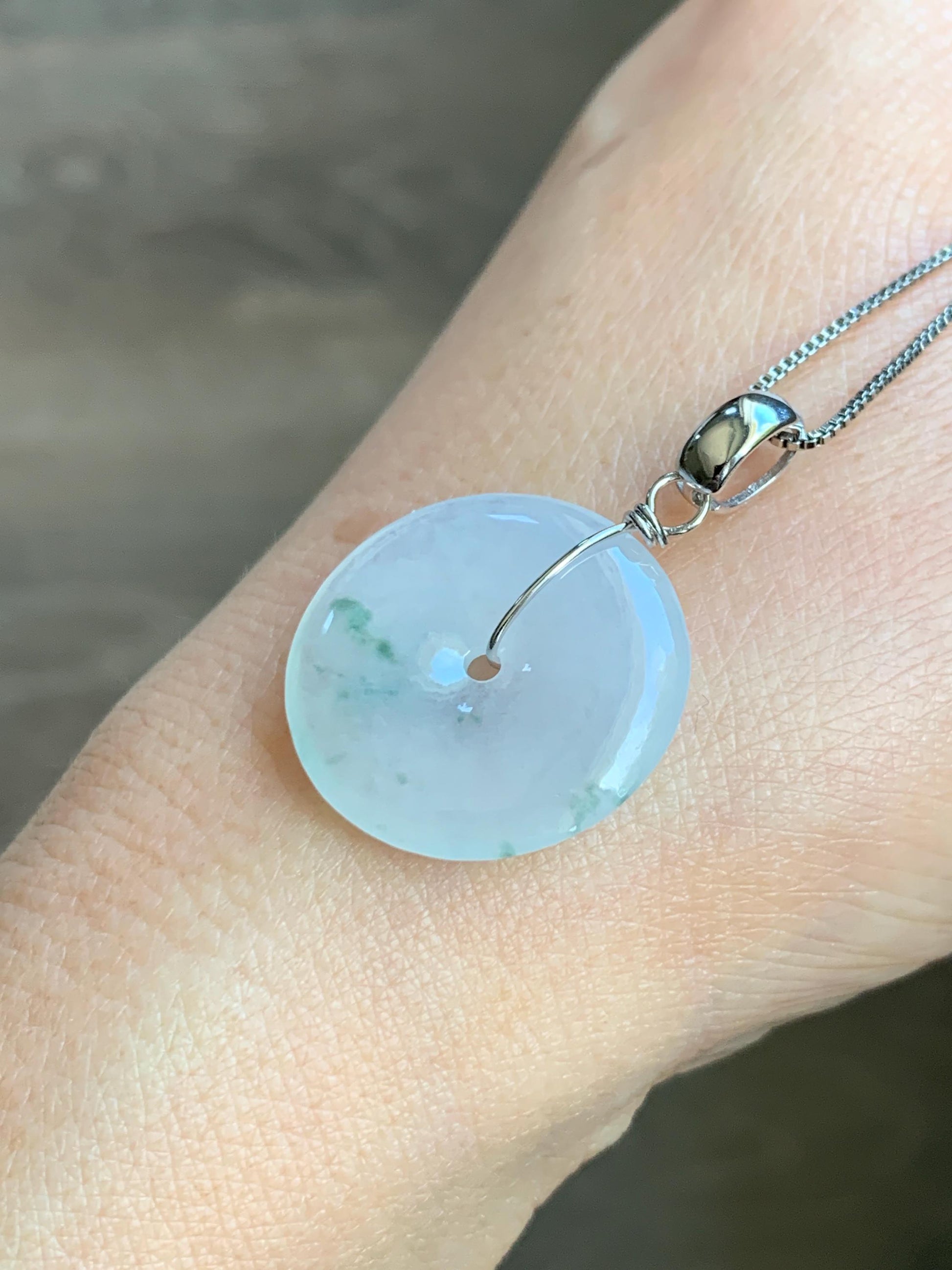 Certified Grade A Natural Icy Translucent White & Green Marbled Jade Jadeite Ping An Kou Donut Pendant Sterling Silver 6g 天然冰胶白飘花翡翠平安扣吊坠 256