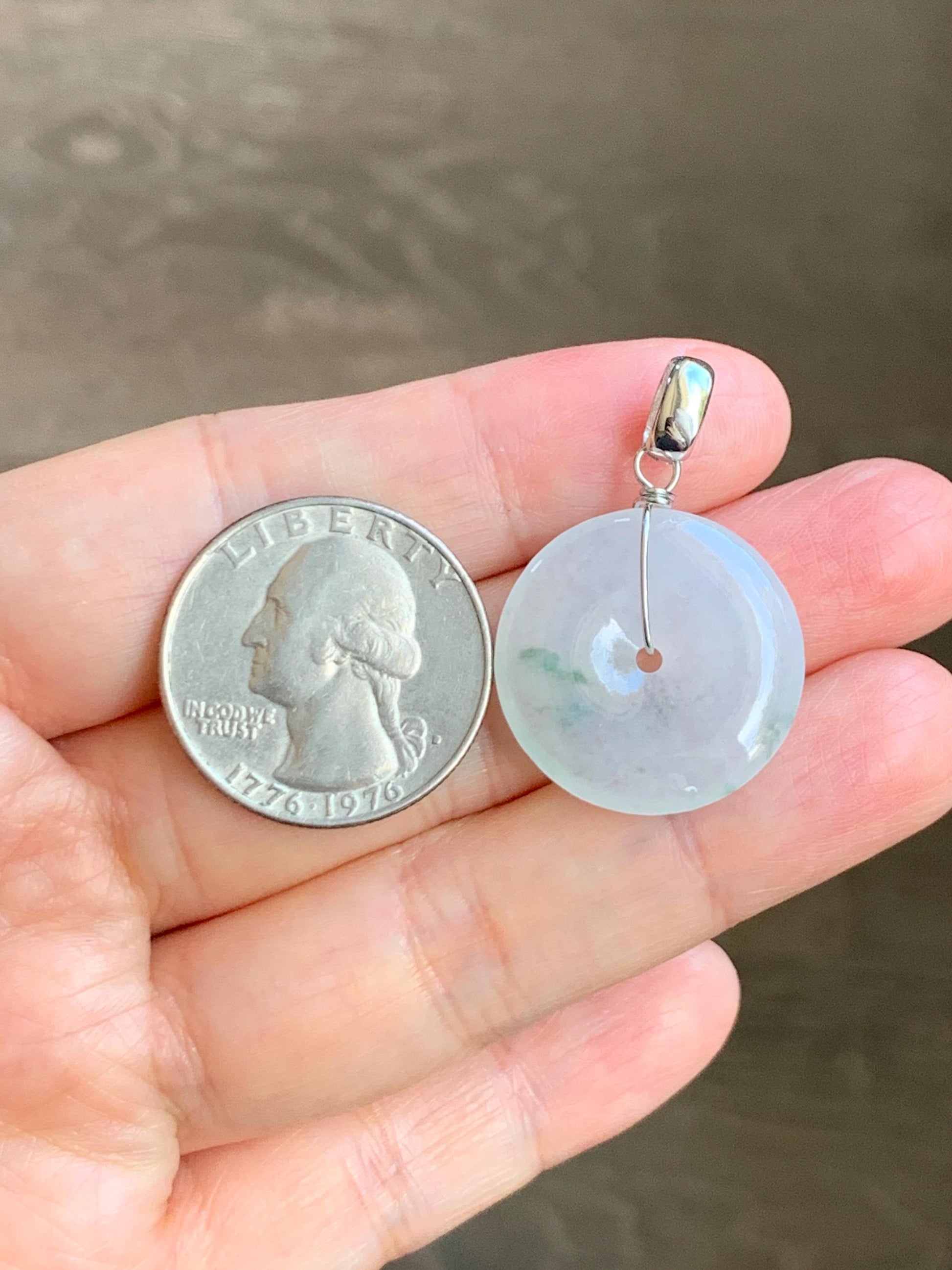 Certified Grade A Natural Icy Translucent White & Green Marbled Jade Jadeite Ping An Kou Donut Pendant Sterling Silver 6g 天然冰胶白飘花翡翠平安扣吊坠 256