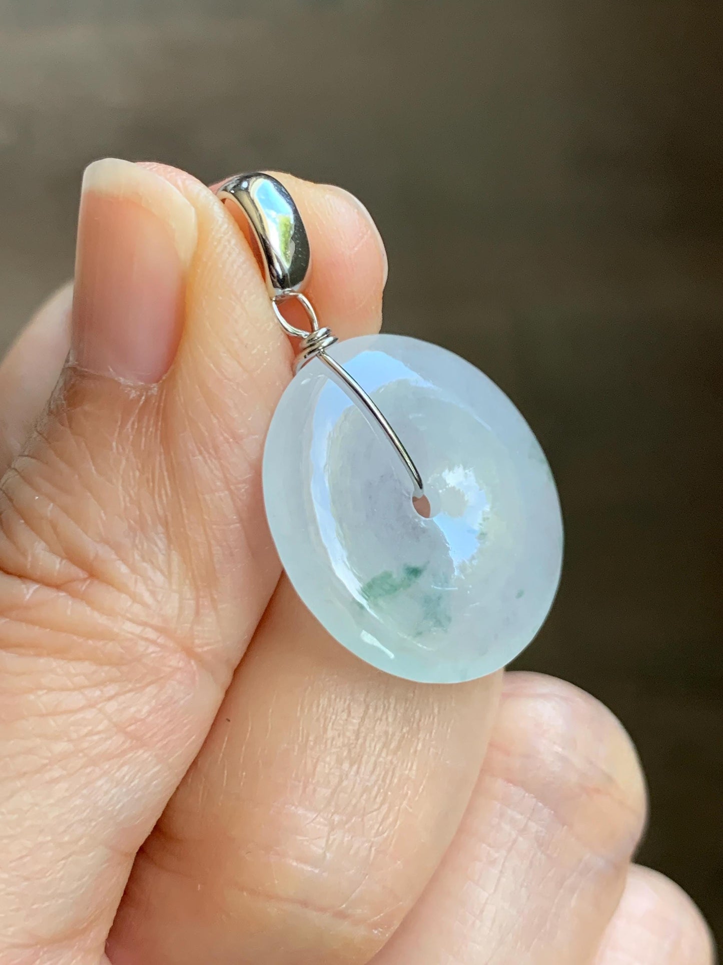 Certified Grade A Natural Icy Translucent White & Green Marbled Jade Jadeite Ping An Kou Donut Pendant Sterling Silver 6g 天然冰胶白飘花翡翠平安扣吊坠 256