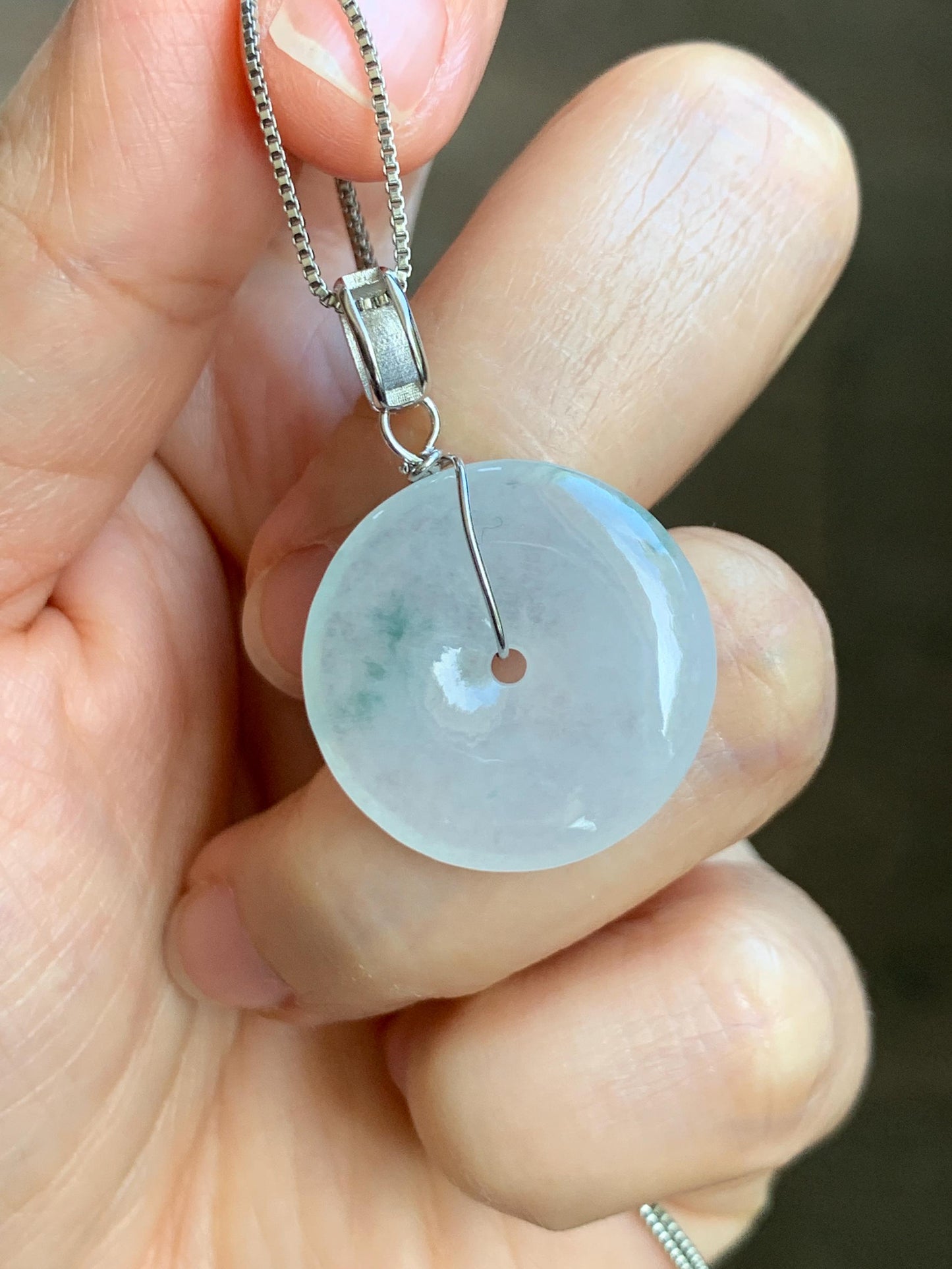 Certified Grade A Natural Icy Translucent White & Green Marbled Jade Jadeite Ping An Kou Donut Pendant Sterling Silver 6g 天然冰胶白飘花翡翠平安扣吊坠 256