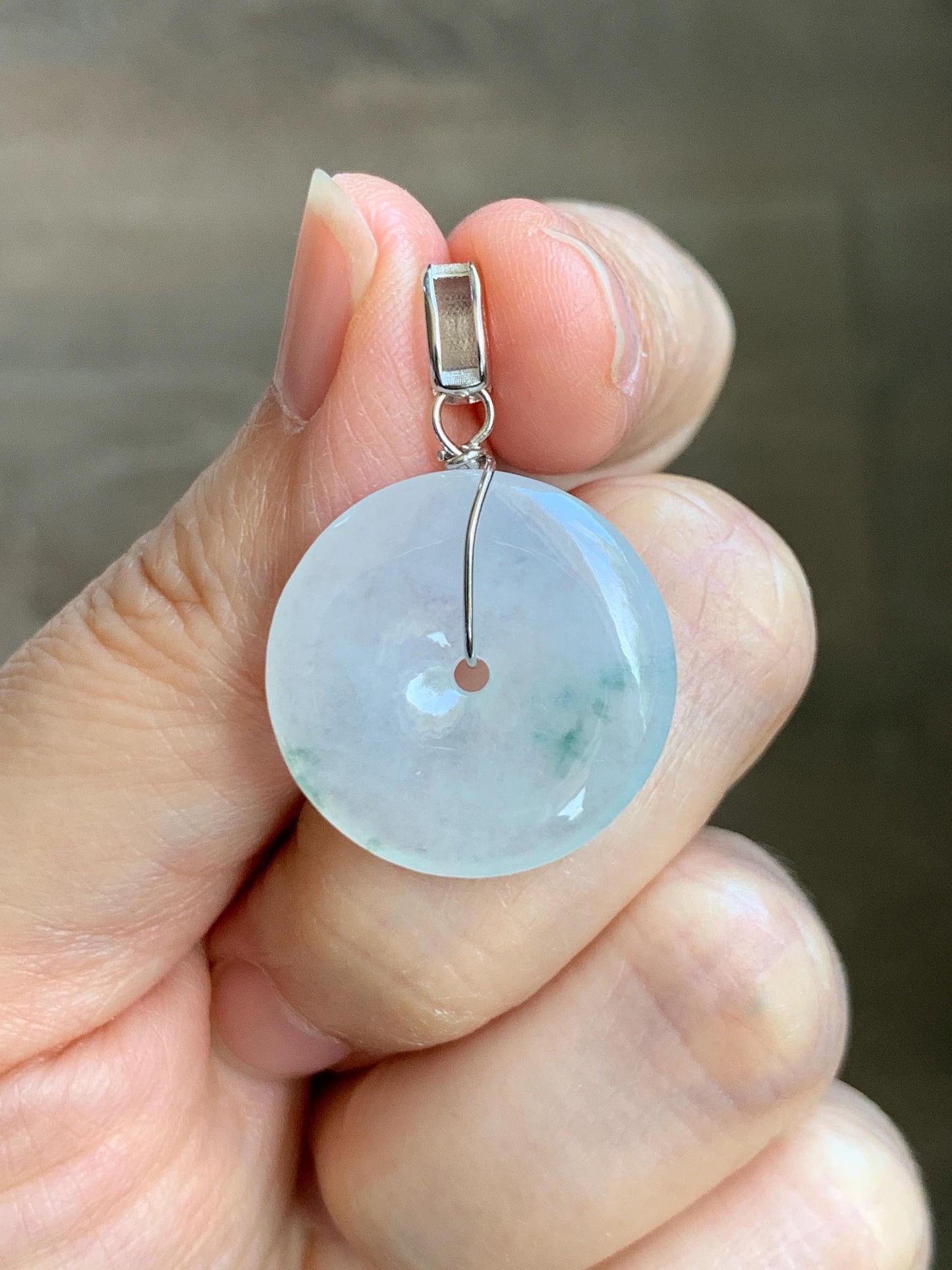 Certified Grade A Natural Icy Translucent White & Green Marbled Jade Jadeite Ping An Kou Donut Pendant Sterling Silver 6g 天然冰胶白飘花翡翠平安扣吊坠 256