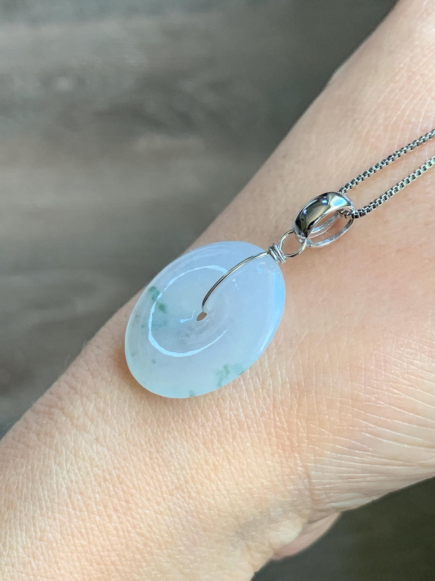 Certified Grade A Natural Icy Translucent White & Green Marbled Jade Jadeite Ping An Kou Donut Pendant Sterling Silver 6g 天然冰胶白飘花翡翠平安扣吊坠 256