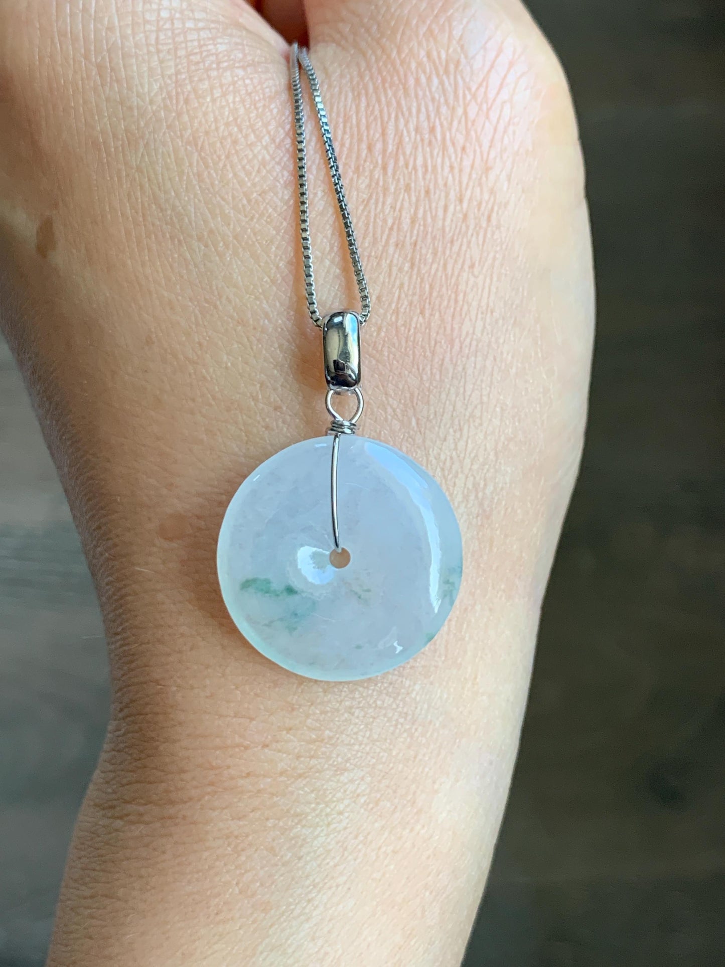 Certified Grade A Natural Icy Translucent White & Green Marbled Jade Jadeite Ping An Kou Donut Pendant Sterling Silver 6g 天然冰胶白飘花翡翠平安扣吊坠 256