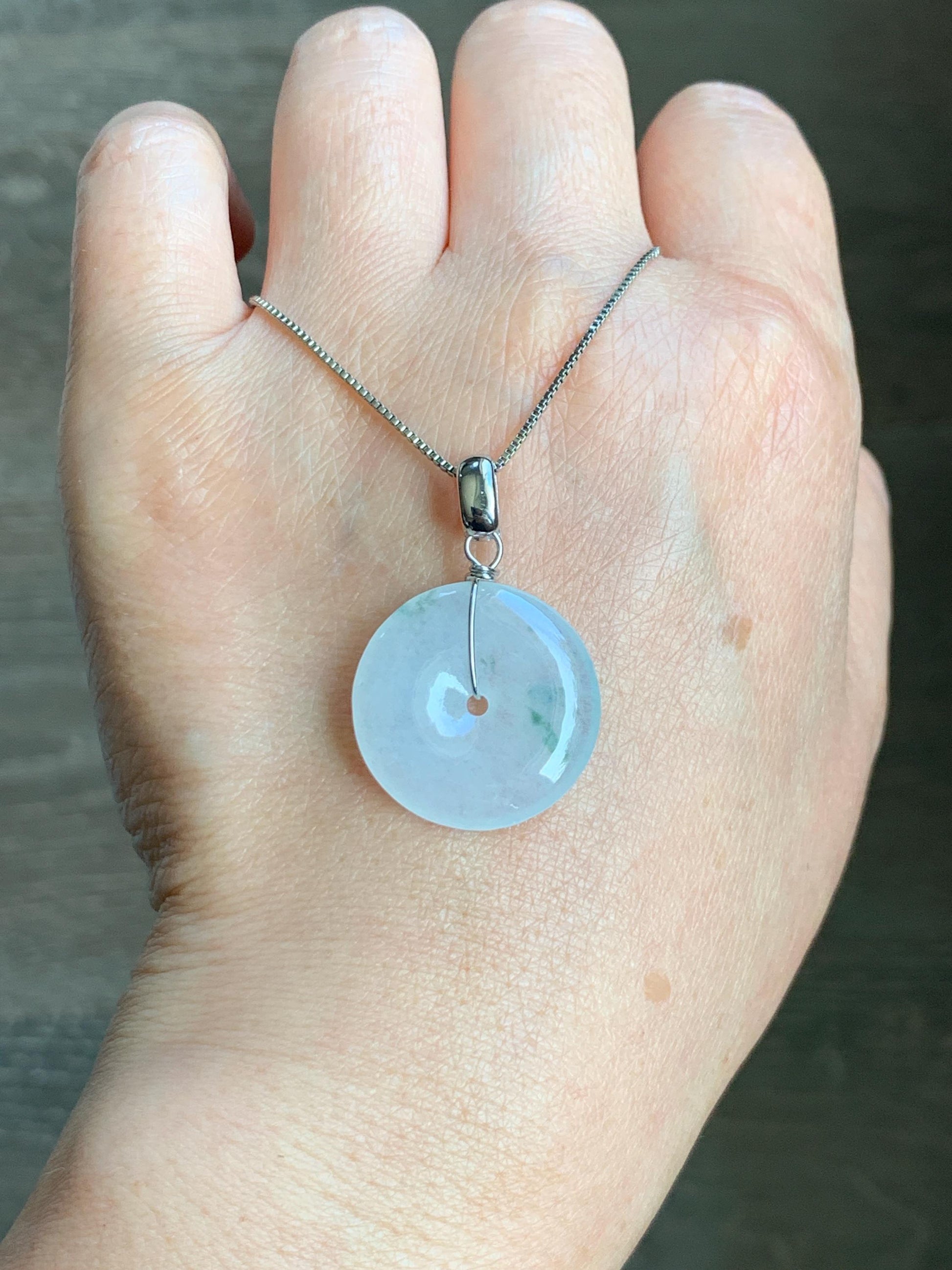Certified Grade A Natural Icy Translucent White & Green Marbled Jade Jadeite Ping An Kou Donut Pendant Sterling Silver 6g 天然冰胶白飘花翡翠平安扣吊坠 256