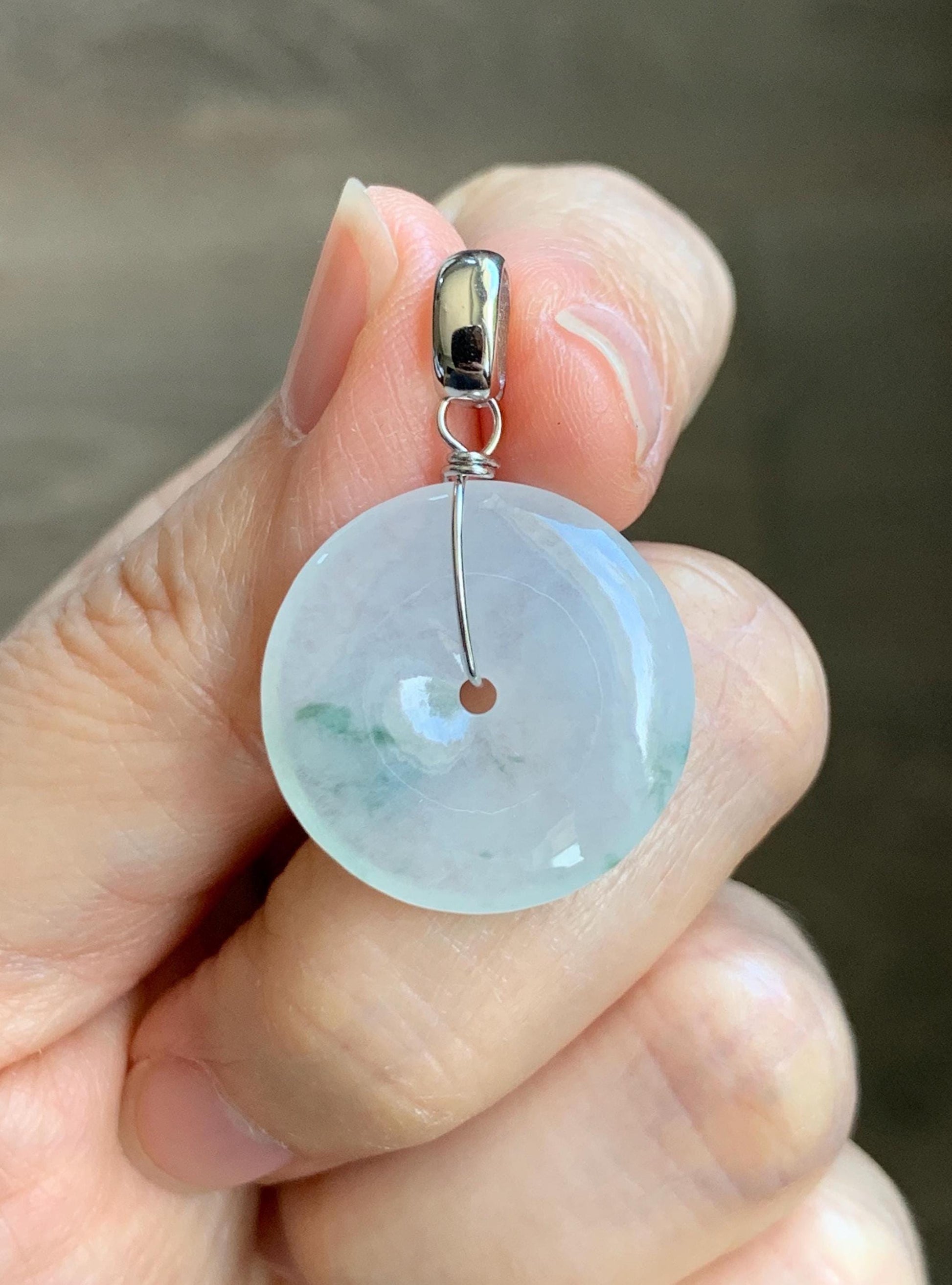 Certified Grade A Natural Icy Translucent White & Green Marbled Jade Jadeite Ping An Kou Donut Pendant Sterling Silver 6g 天然冰胶白飘花翡翠平安扣吊坠 256