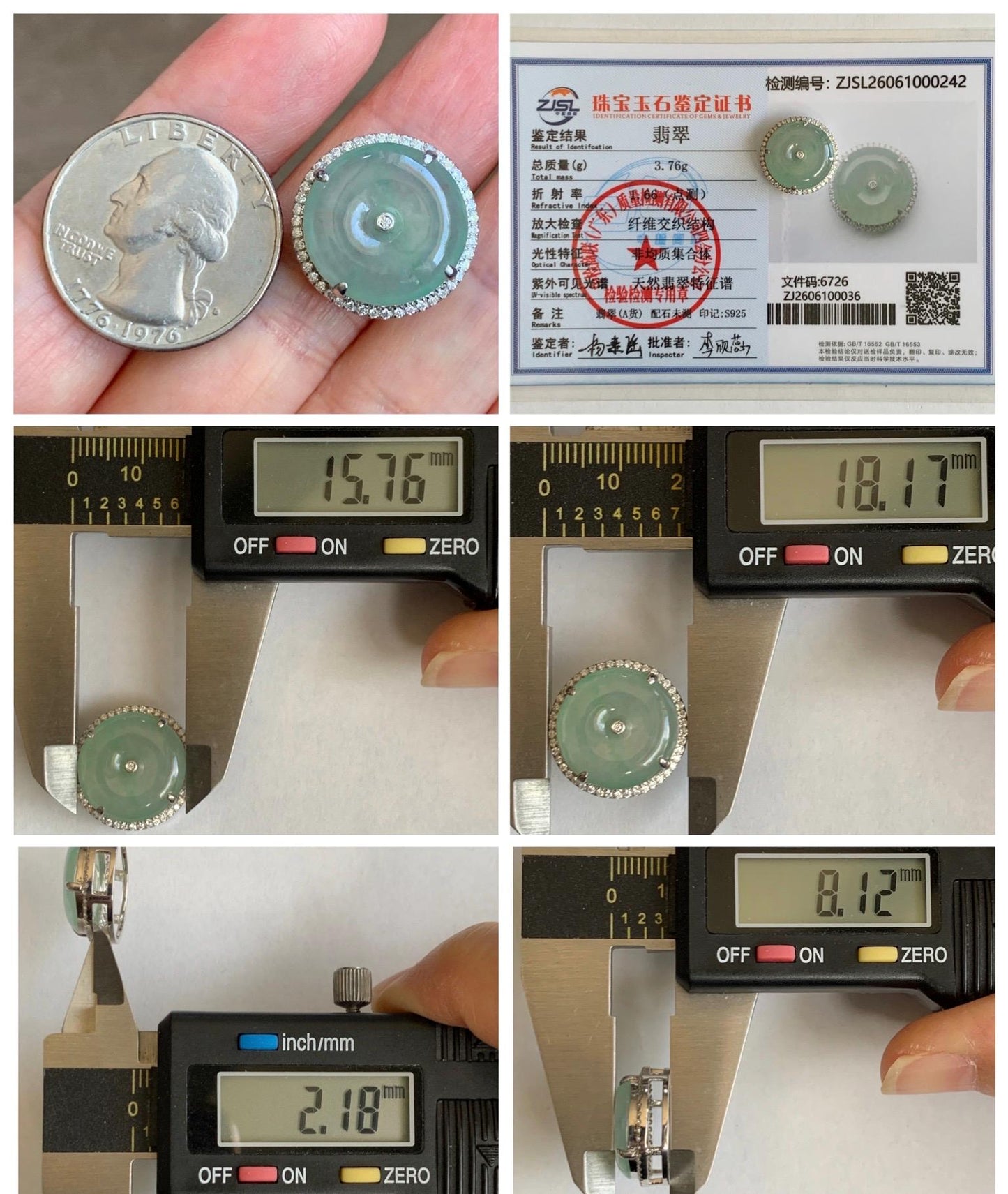 Certified Natural Grade A Icy Translucent Light Green Jade Jadeite Ping An Kou Donut Pendant or Bracelet Sterling Silver 天然冰胶晴色翡翠平安扣吊坠手牌 242